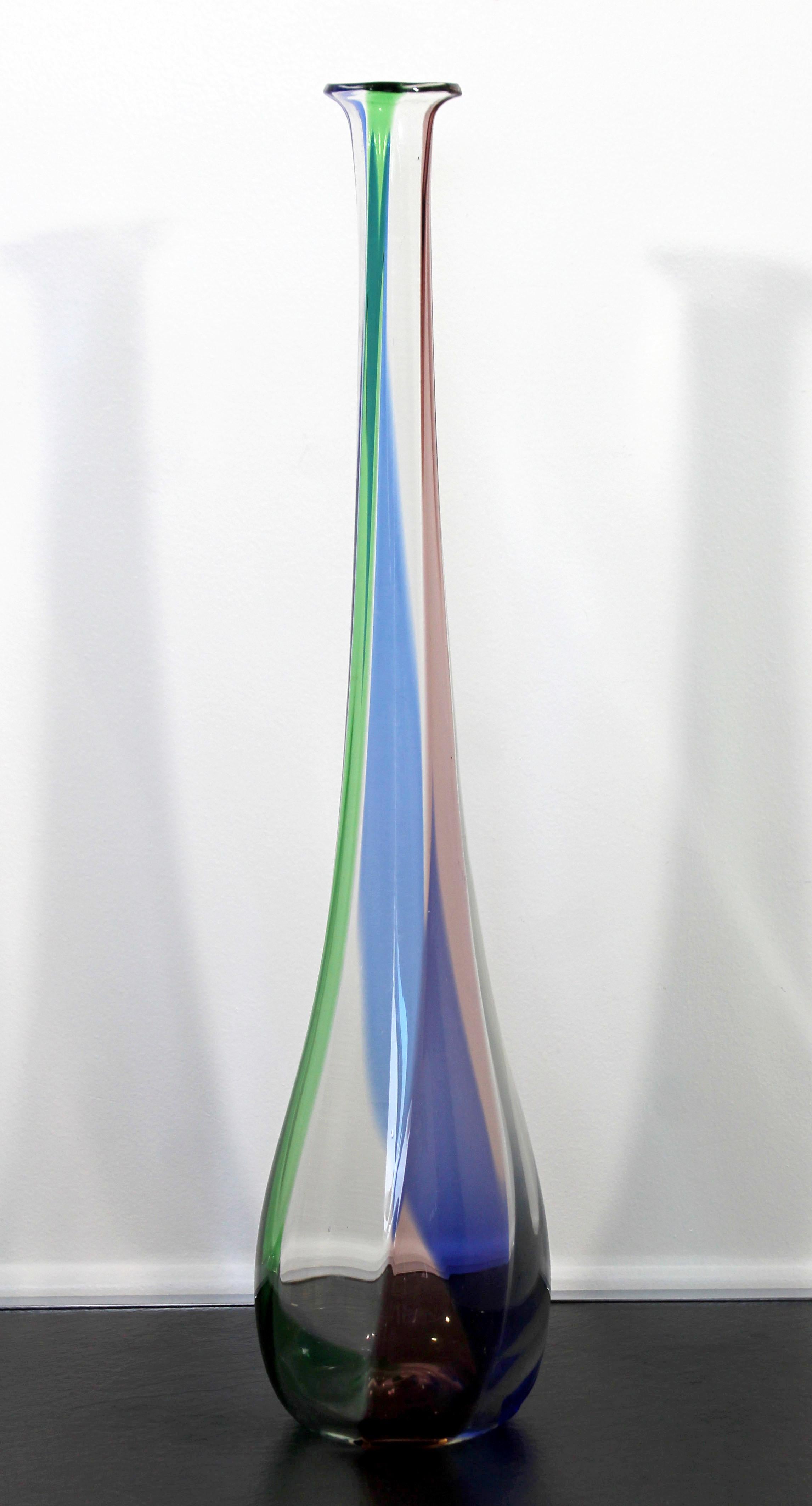 Italian Mid-Century Modern Tall Tri Colored Murano Glass Art Vase 1970s Italy Green Blue