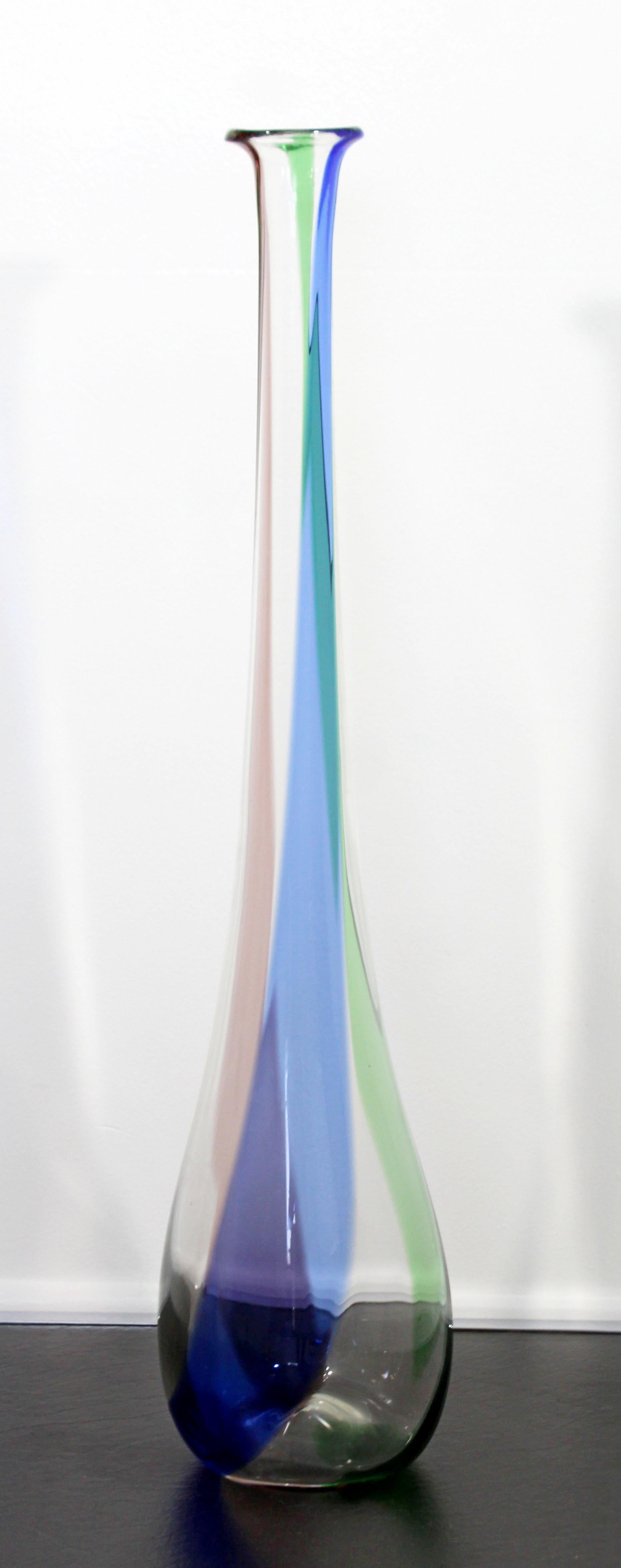 Late 20th Century Mid-Century Modern Tall Tri Colored Murano Glass Art Vase 1970s Italy Green Blue
