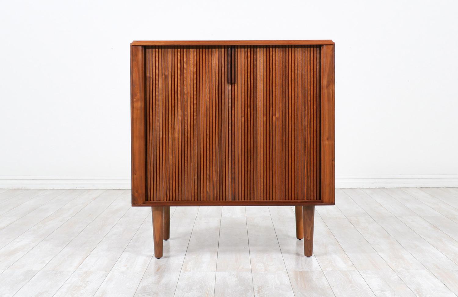 Mid-Century Modern tambour-door walnut cabinet by Barzilay.