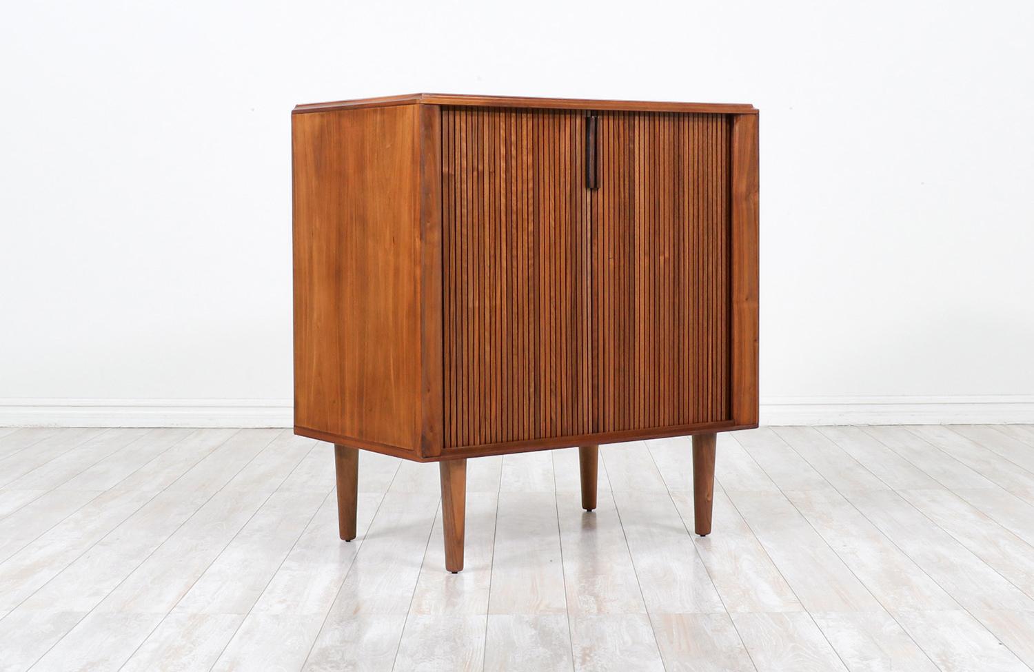 American Mid-Century Modern Tambour-Door Walnut Cabinet by Barzilay