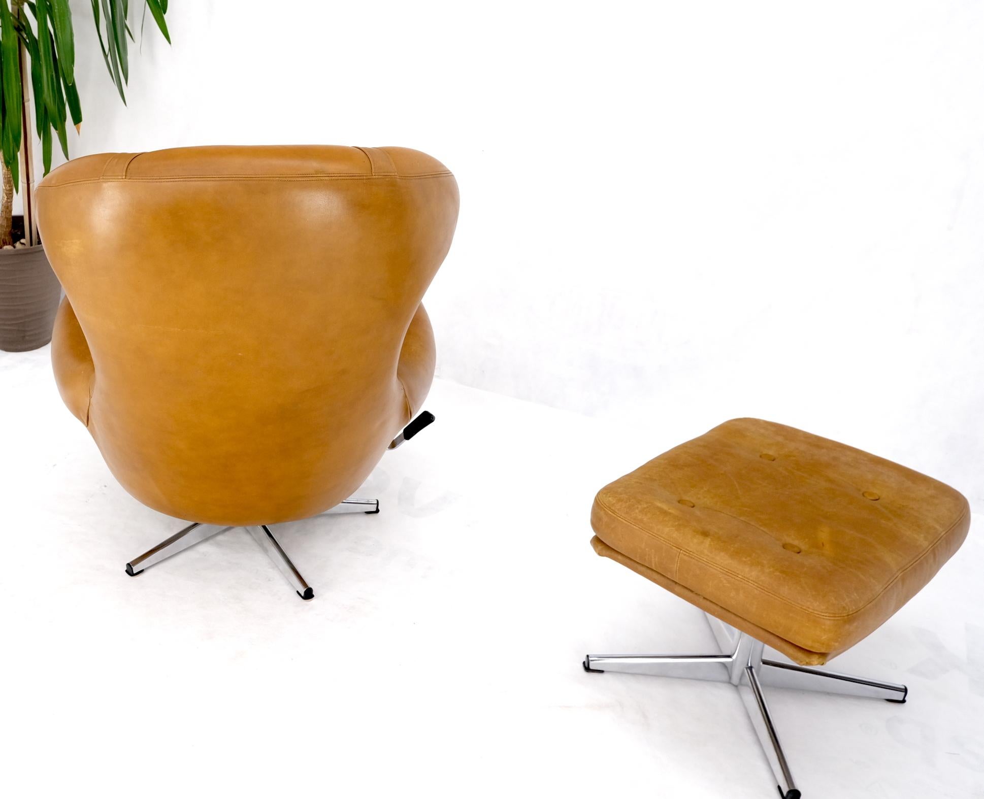 Mid-Century Modern Tan Leather Egg Style Wide Back Lounge Chair & Ottoman For Sale 6
