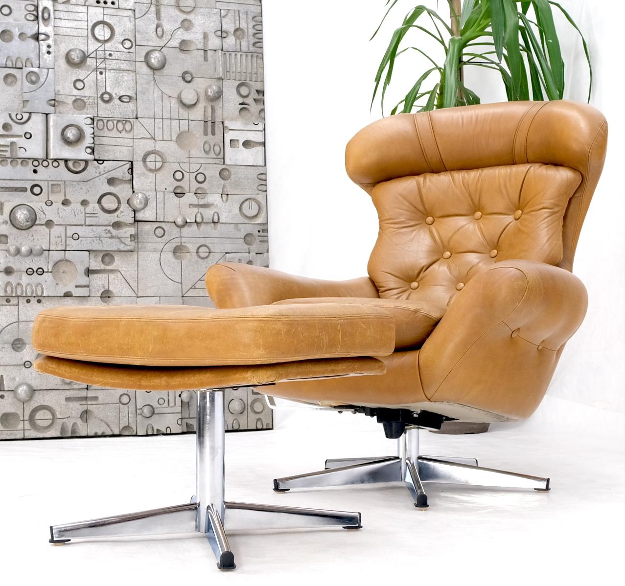 Chrome star base swivel tan leather lounge chair and ottoman probably Scandinavian. Jacobsen style, vintage circa 1960s. Ottoman dimensions: 16 x 22 x 16.