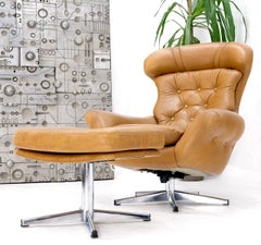 Mid-Century Modern Tan Leather Egg Style Wide Back Lounge Chair & Ottoman