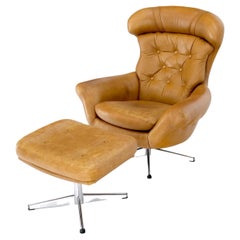 Vintage Mid-Century Modern Tan Leather Egg Style Wide Back Lounge Chair & Ottoman