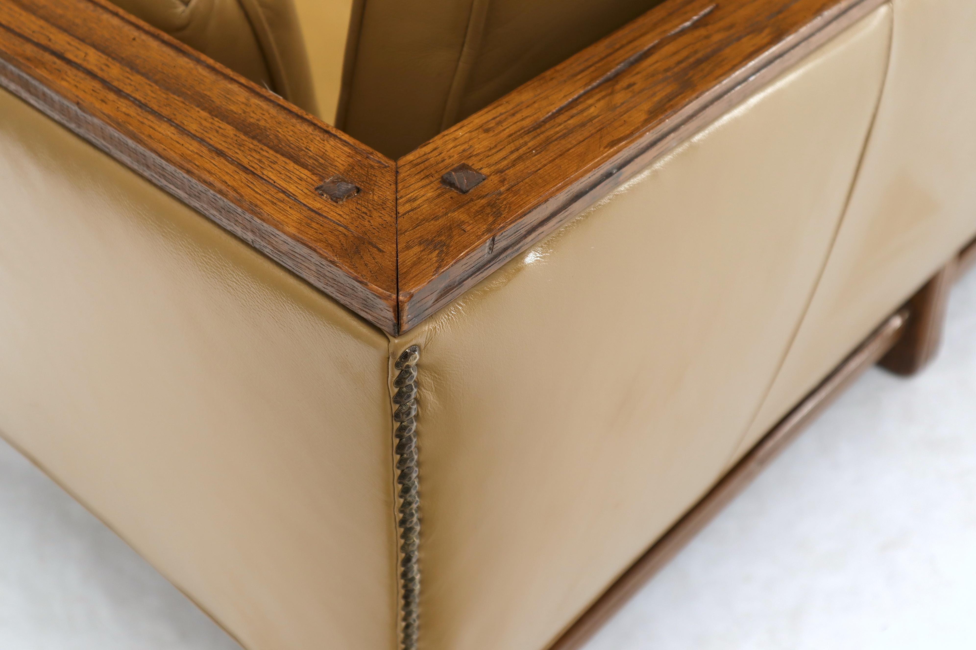 Mid-Century Modern Tan Leather Oak Frame Sofa by Ranch Oak For Sale 3