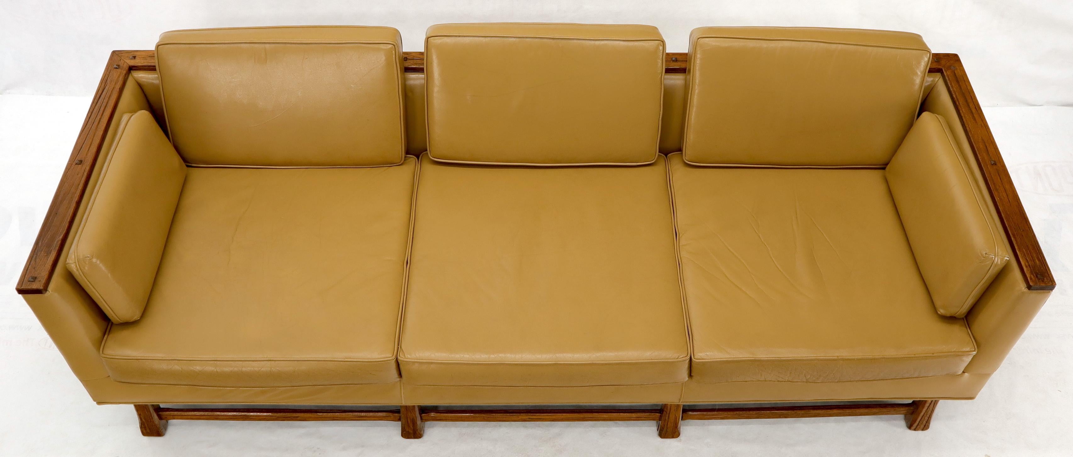 American Mid-Century Modern Tan Leather Oak Frame Sofa by Ranch Oak For Sale