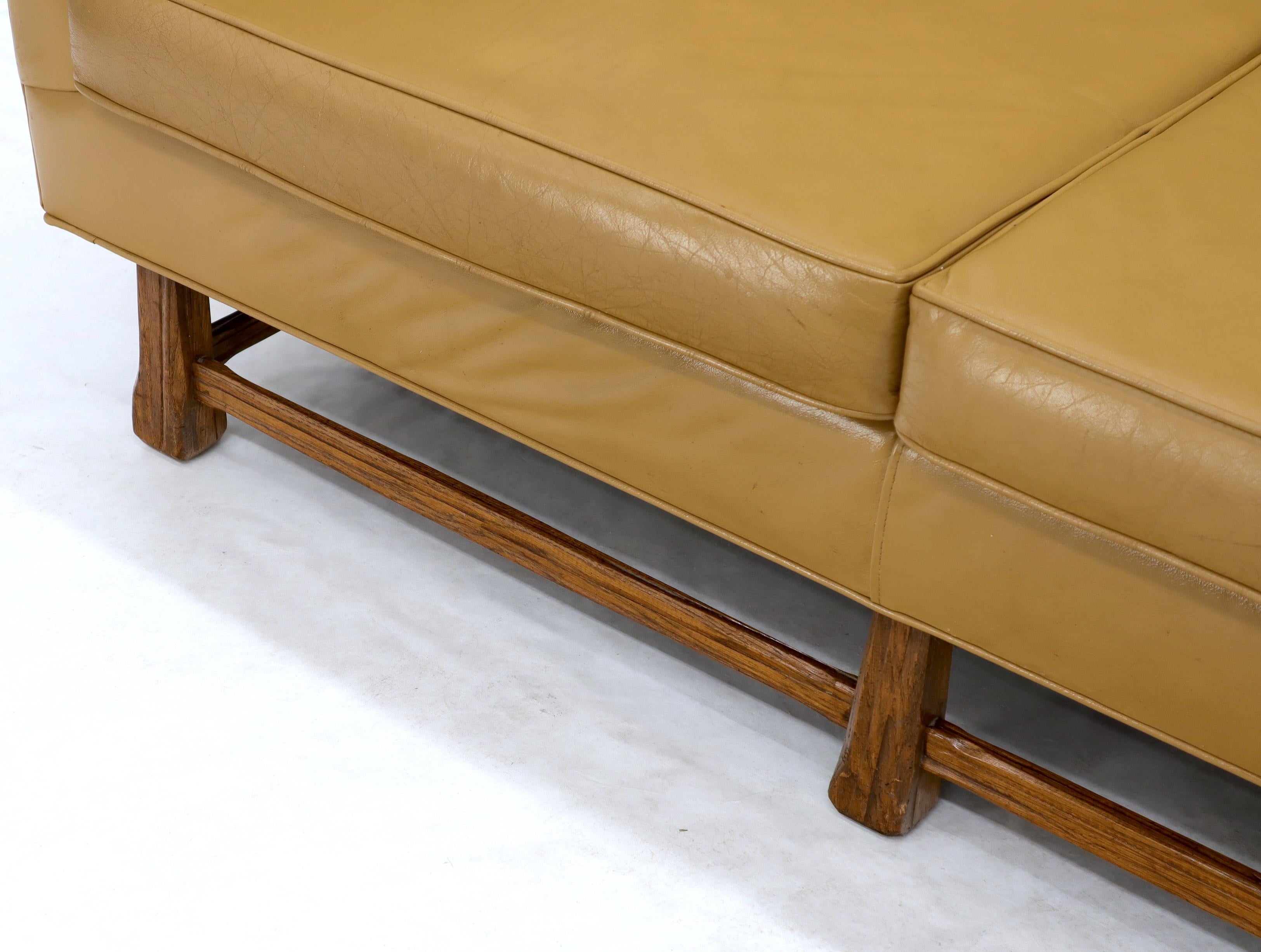20th Century Mid-Century Modern Tan Leather Oak Frame Sofa by Ranch Oak For Sale