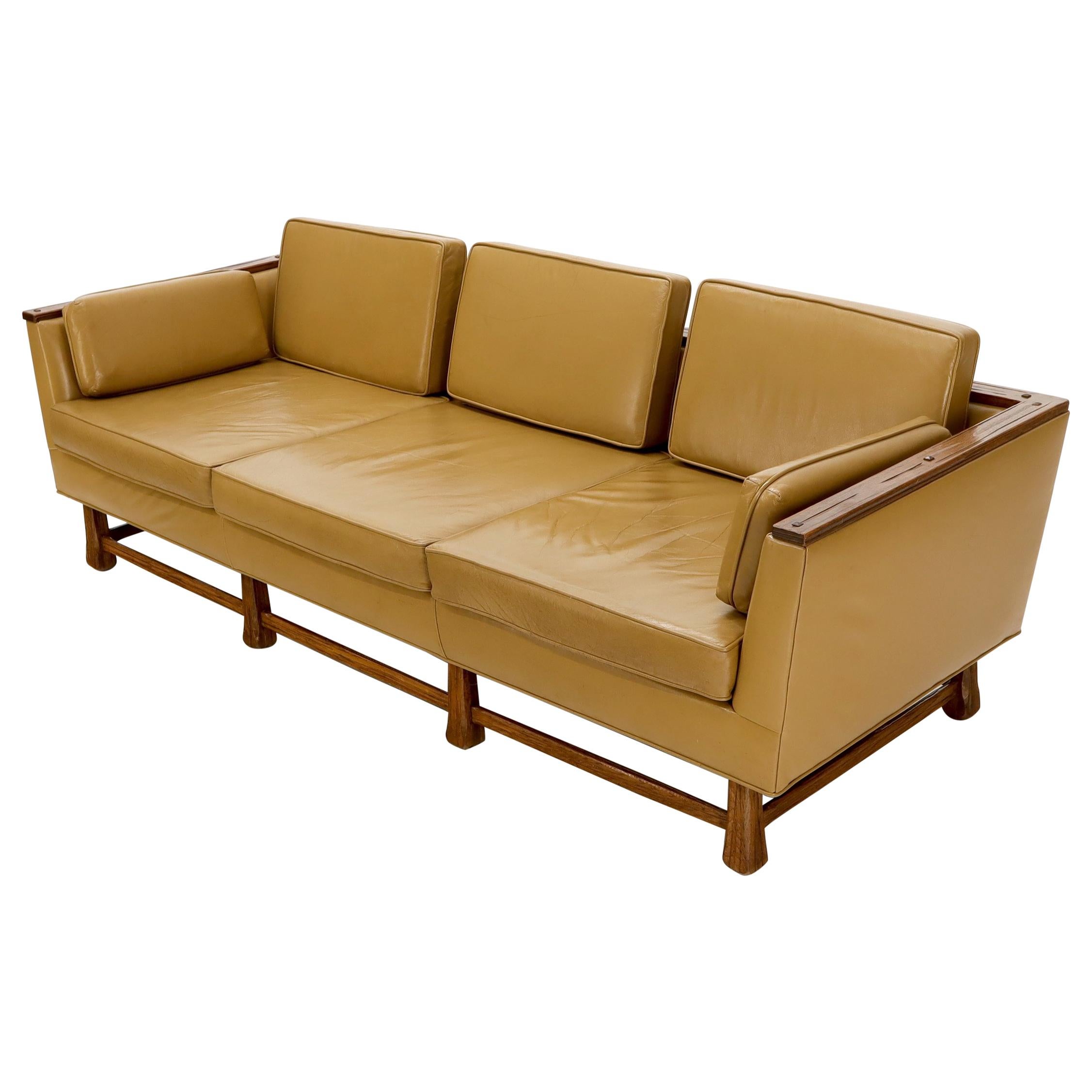 Mid-Century Modern Tan Leather Oak Frame Sofa by Ranch Oak For Sale