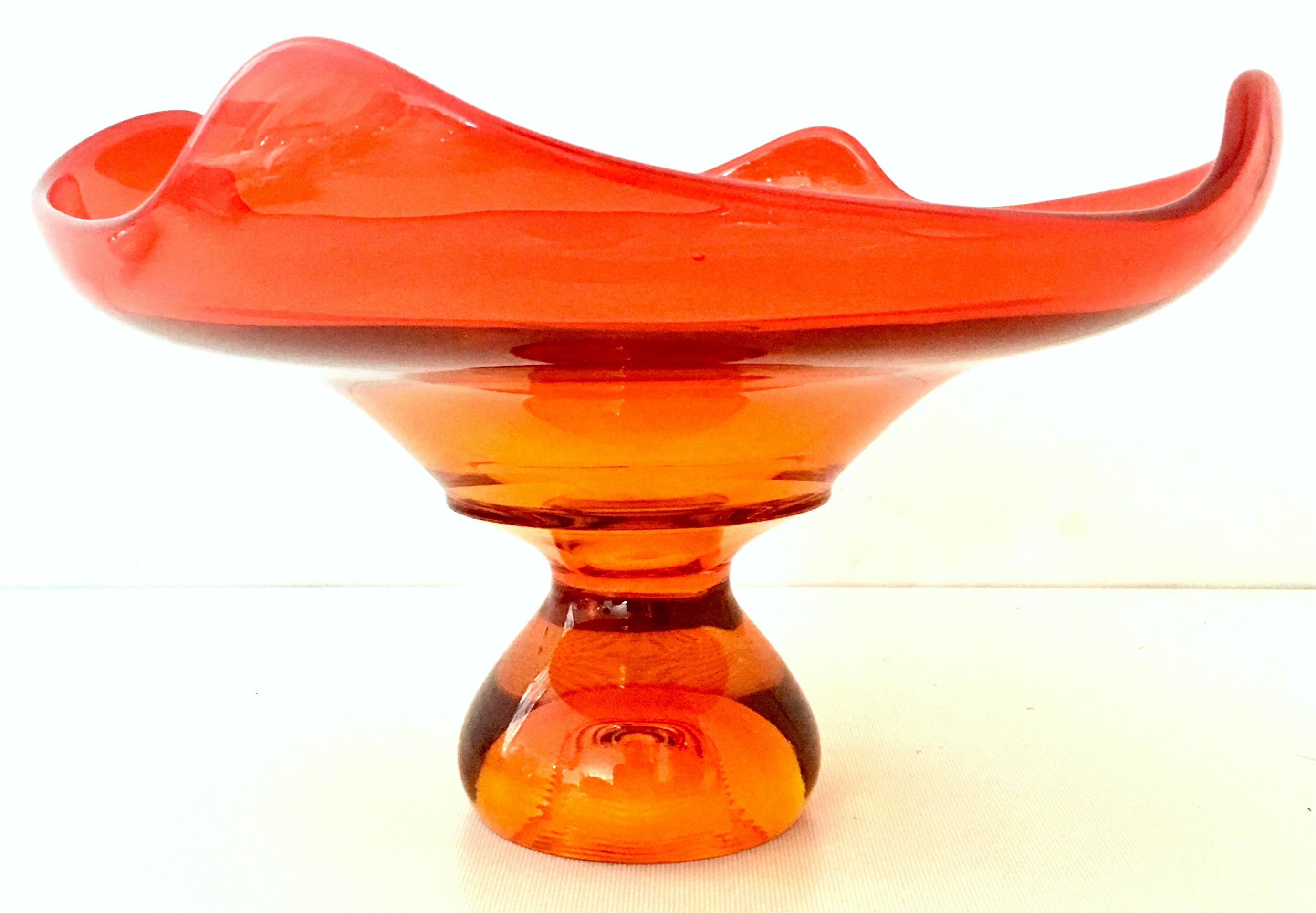 Mid-Century Modern Scandinavian Style Tangerine Amberina four point blown glass footed pedestal center bowl.