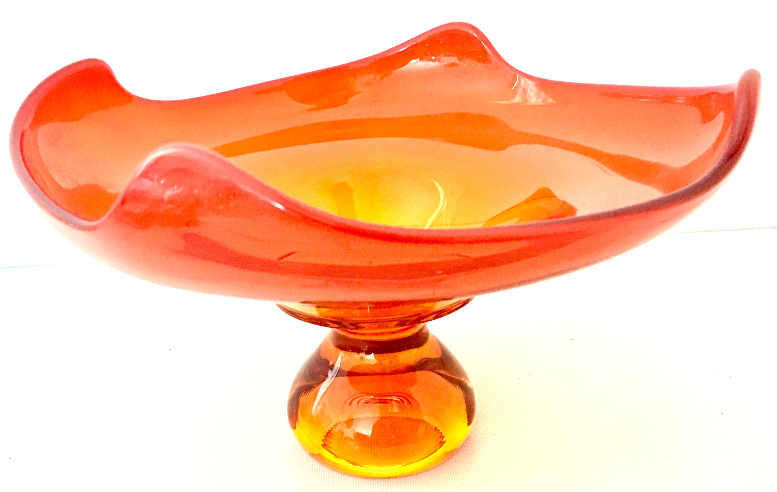 20th Century Mid-Century Modern Tangerine Blown Glass Four Point Footed Pedestal Center Bowl