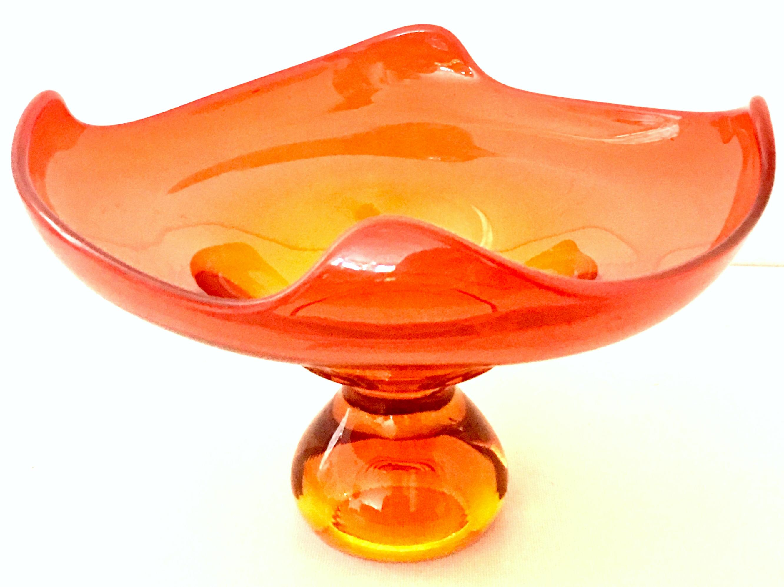 Mid-Century Modern Tangerine Blown Glass Four Point Footed Pedestal Center Bowl 1