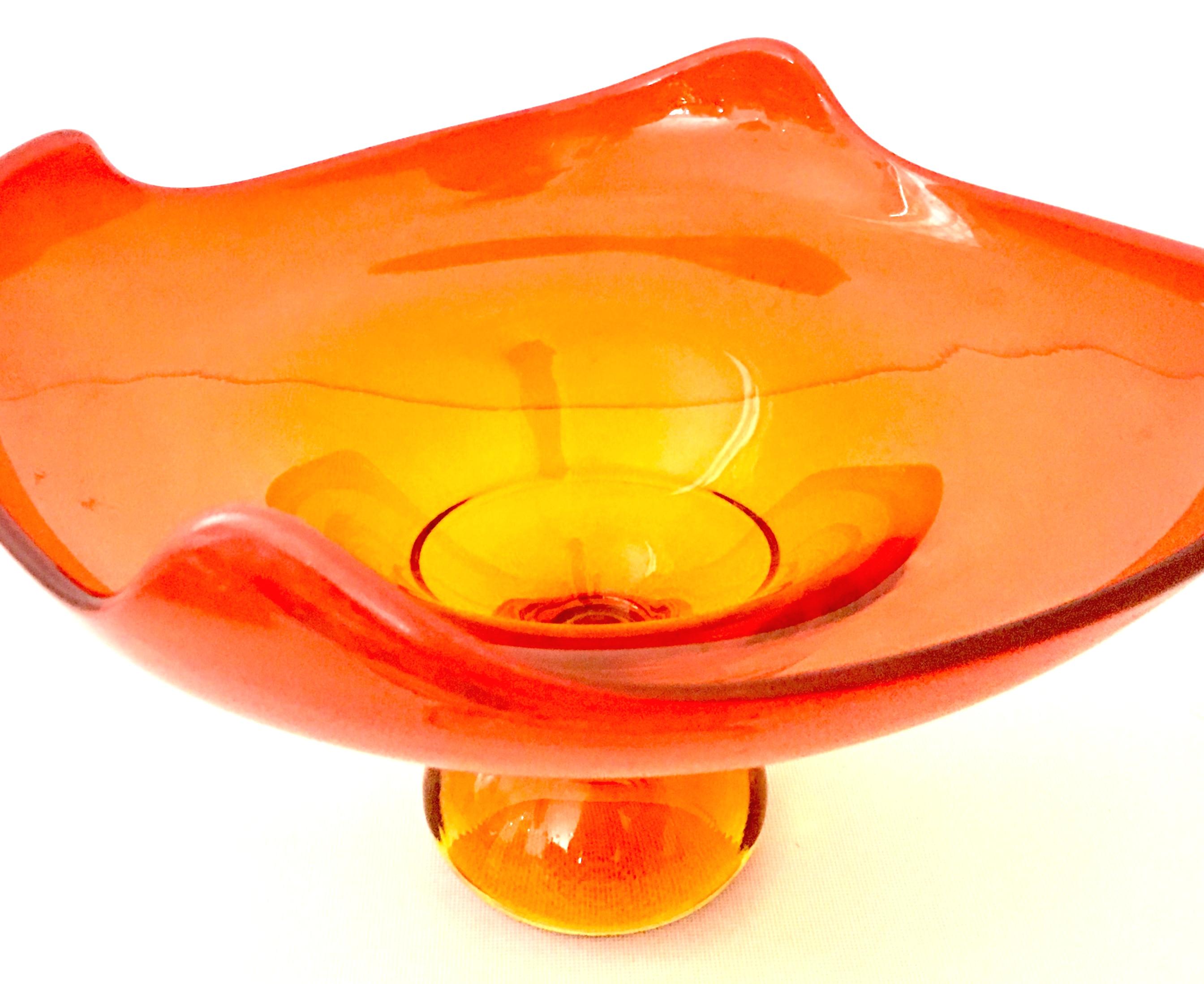 Mid-Century Modern Tangerine Blown Glass Four Point Footed Pedestal Center Bowl 4