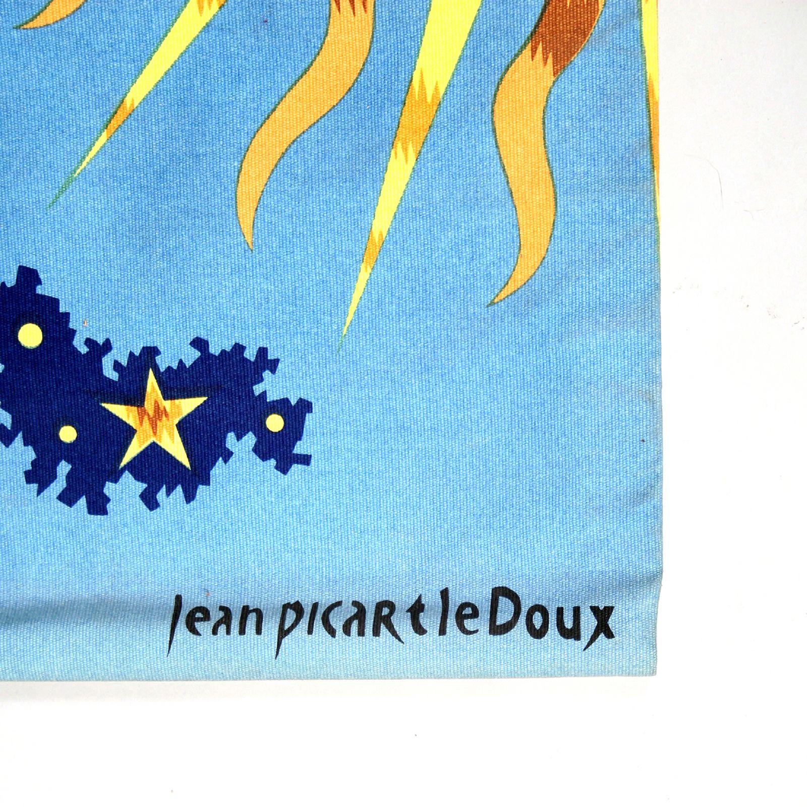 This is a stunning tapestry by the well-known tapestry maker Jean Picart le Doux. It is signed on the bottom right hand side. The tapestry is named 'Homage a Paul Eluard 'on the label at the back It is currently unframed and hangs from concealed