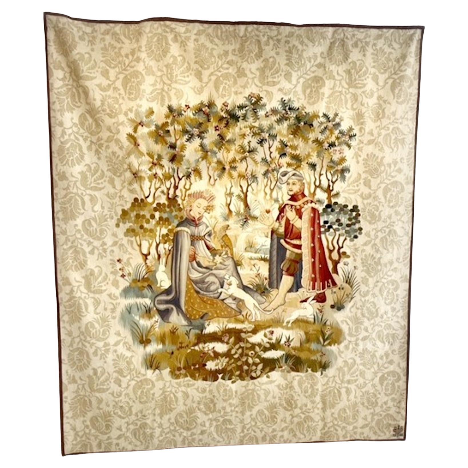 Mid-Century Modern Tapestry "the Offering of the Heart", Belgium, 1940s For Sale