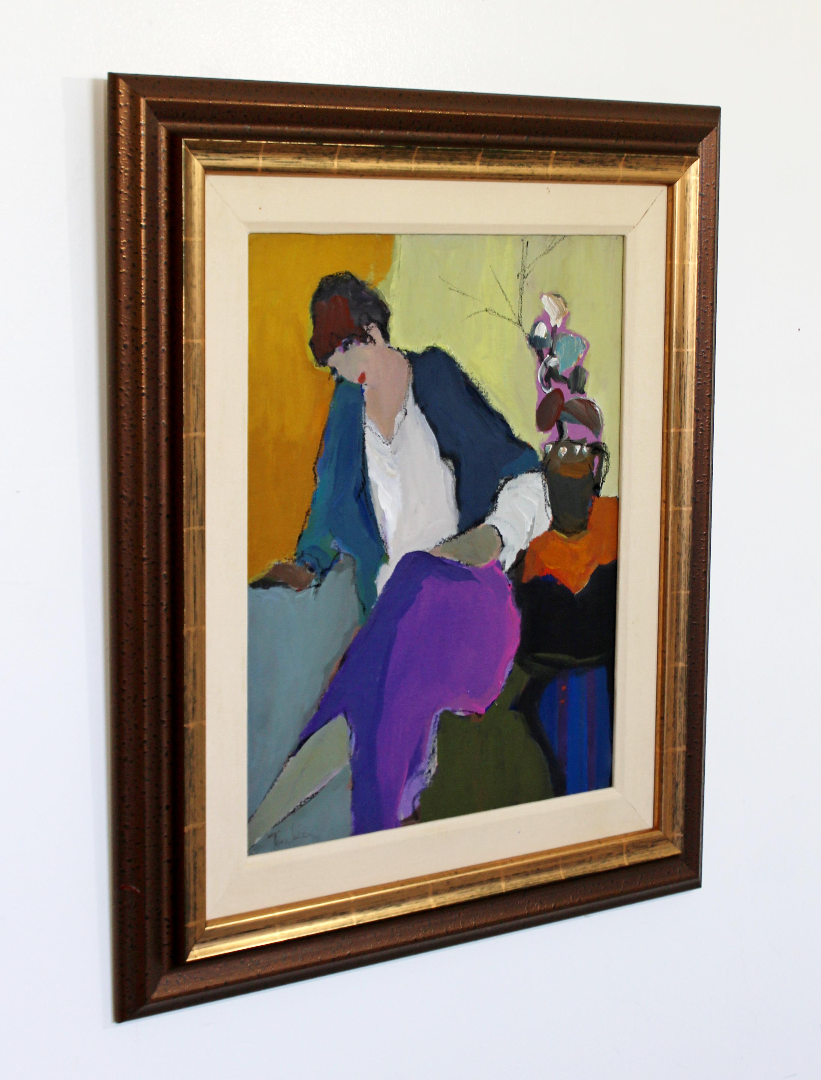 Fabulous acrylic on canvas painting, signed by artist in black frame with gold rope. Itzchak Tarkay is considered to be a key figure in the modern figurative movement. Artwork by the Israeli artist are easily recognizable and captures people and
