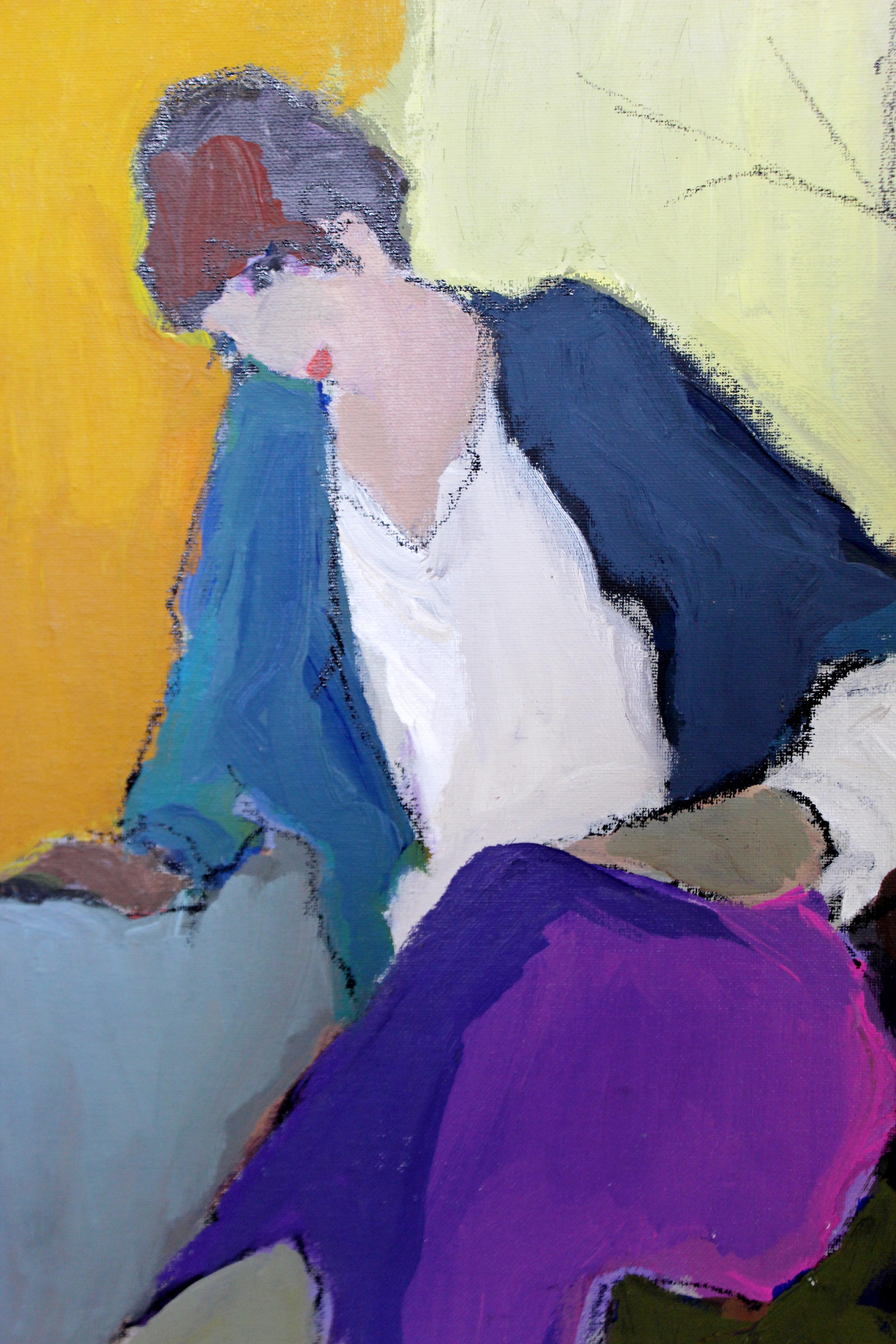 Late 20th Century Mid-Century Modern Tarkay Framed Orig Acrylic Painting Women N Purple in Thought