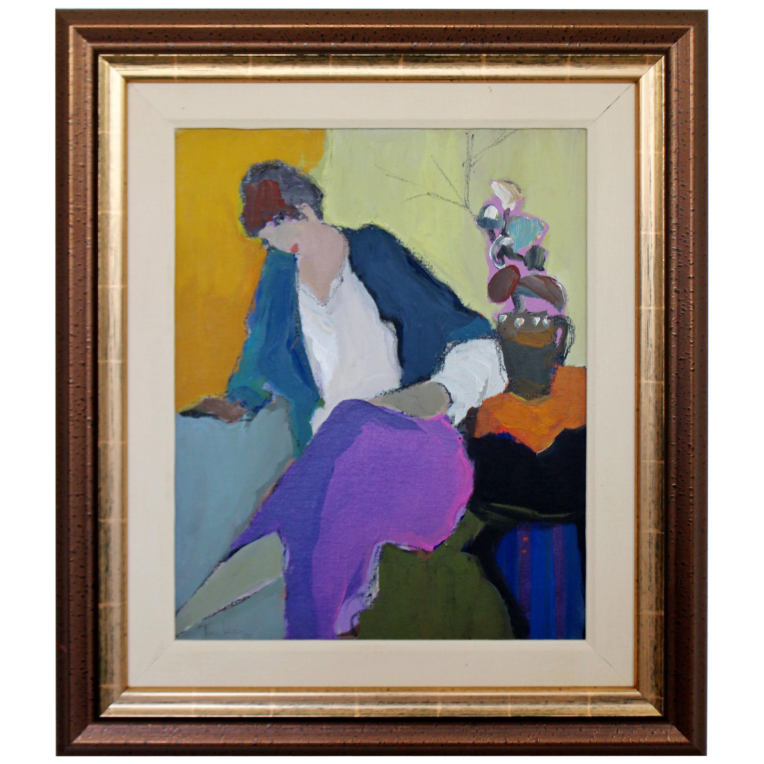 Mid-Century Modern Tarkay Framed Orig Acrylic Painting Women N Purple in Thought