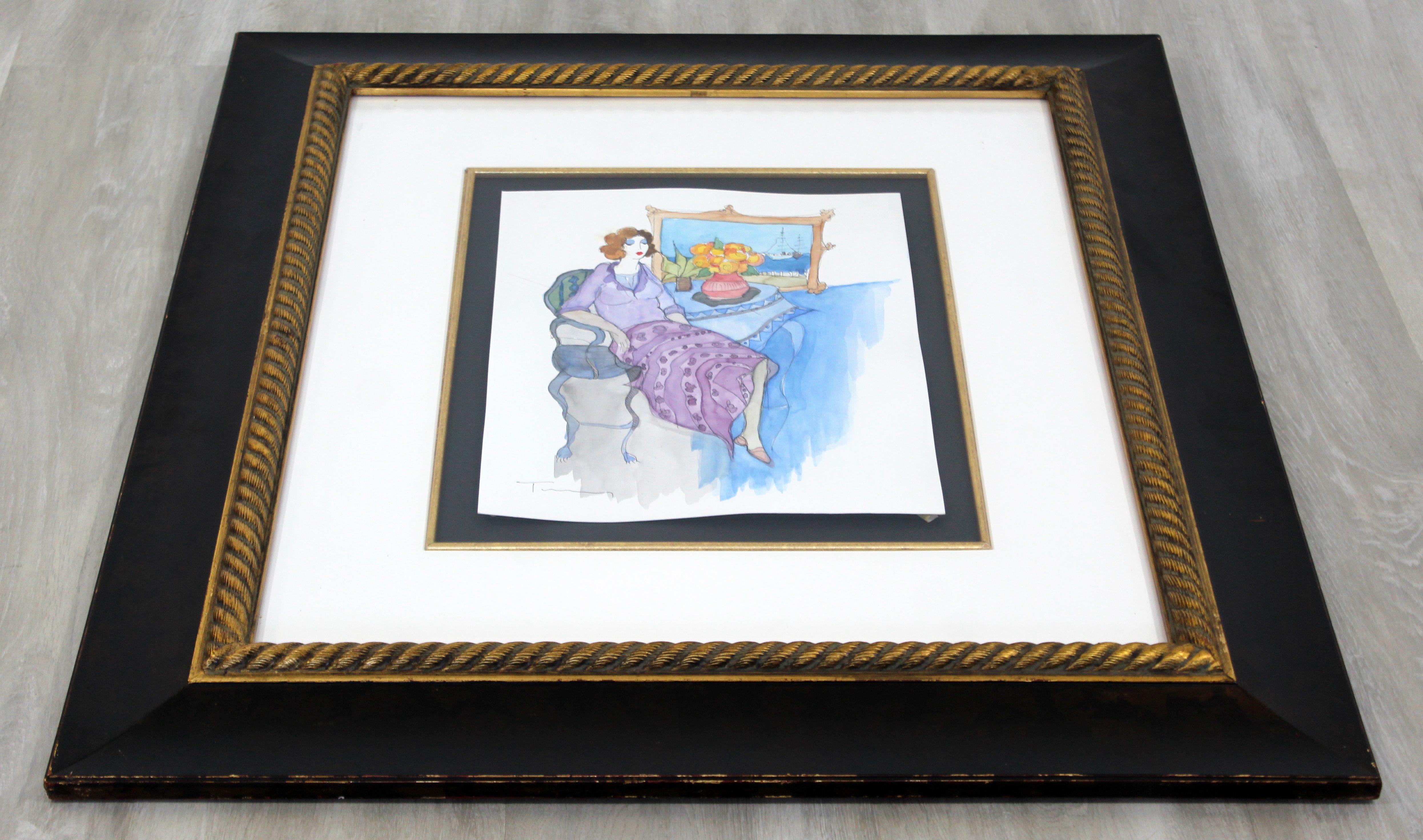 Mid-Century Modern Unique Tarkay Watercolor Mixed Media Orig Lady in Purple at Table