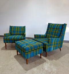 Mid Century Modern Tartan Plaid Lounge Chair Pair with Ottoman