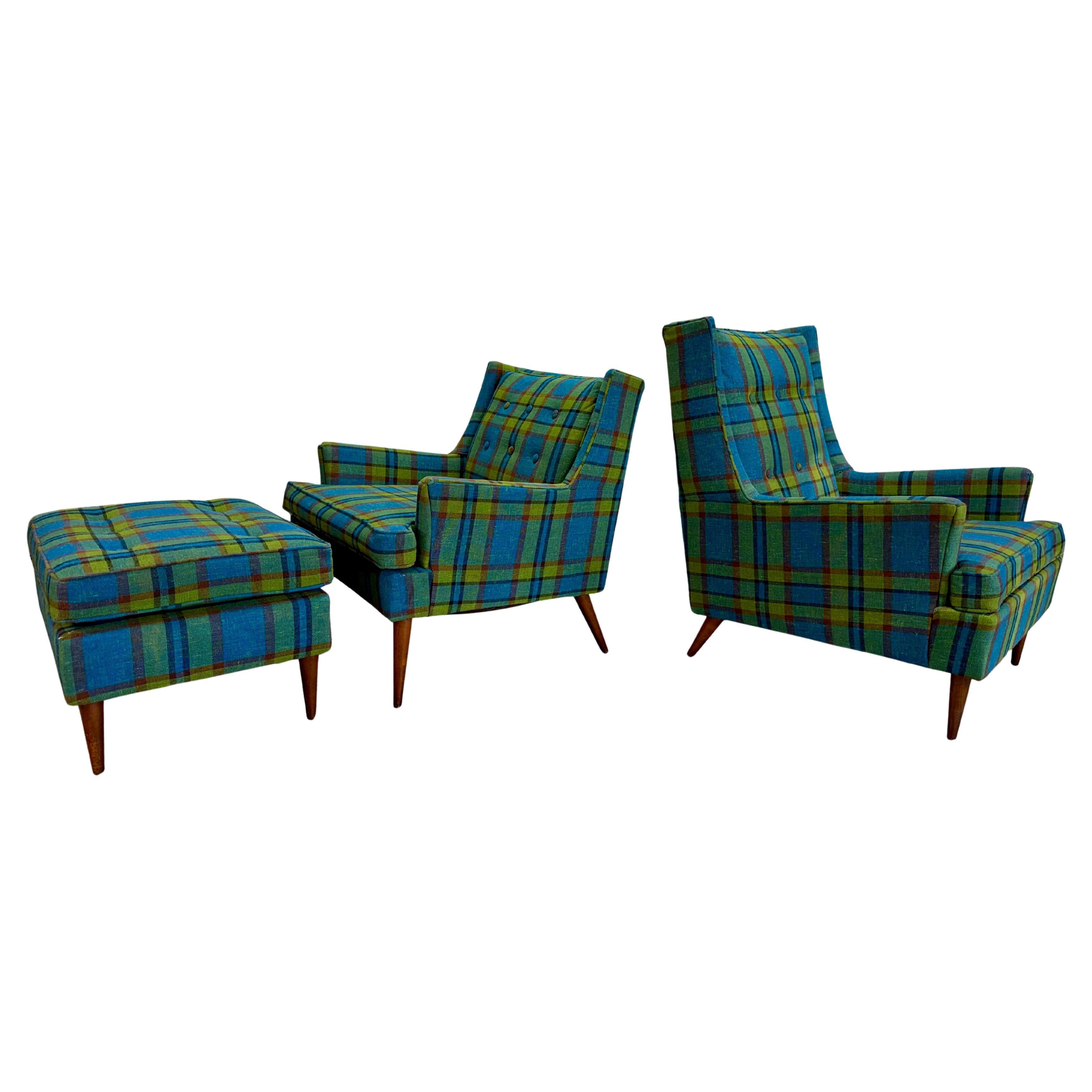 Mid Century Modern Tartan Plaid Lounge Chair Pair with Ottoman