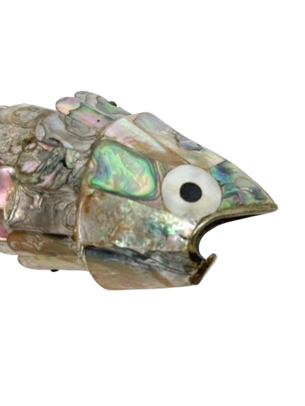 Silver Plate Mid-Century Modern Taxco Los Castillo Abalone Articulated Fish Bottle Opener