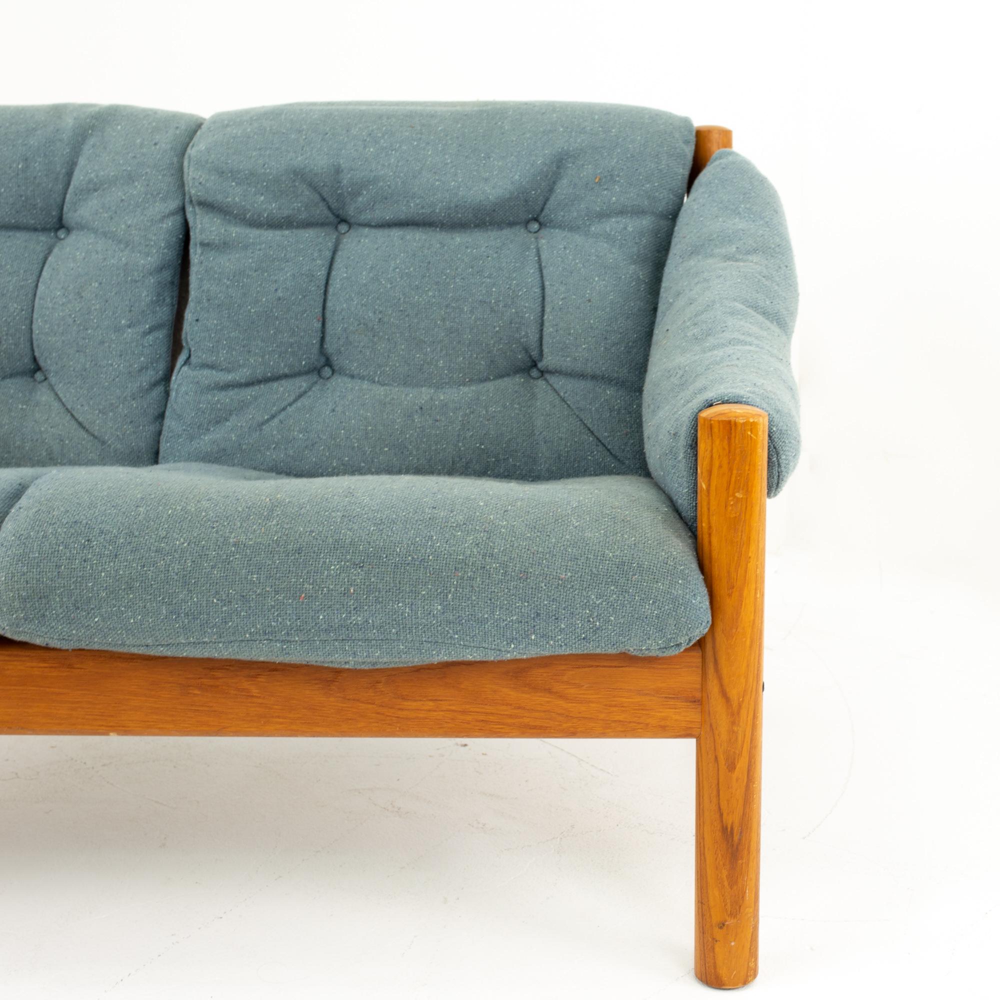 American Mid Century Modern Teak and Blue Upholstered Sofa