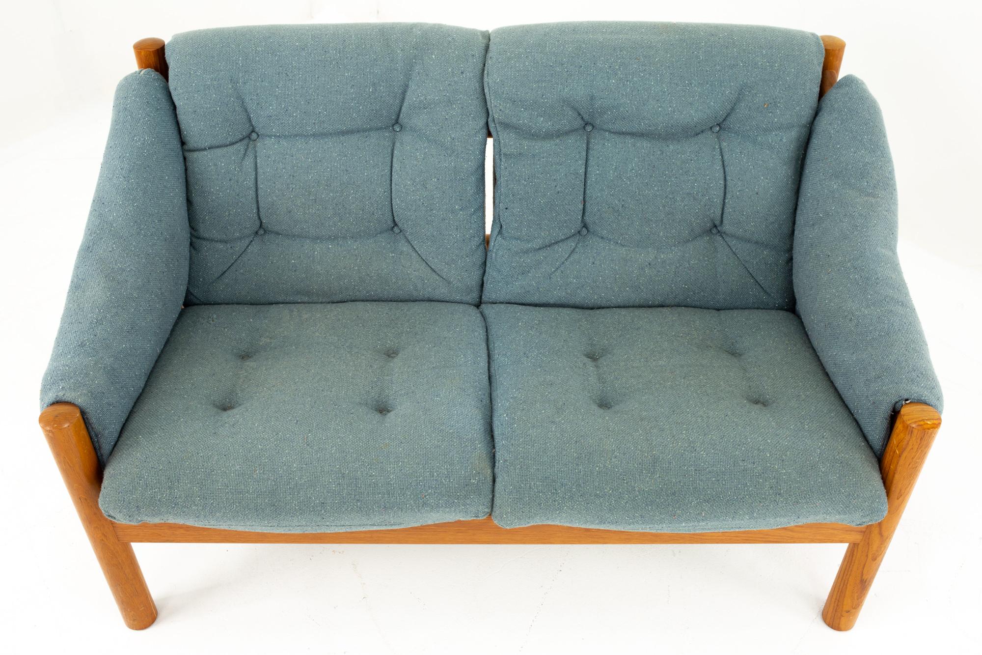 Mid Century Modern Teak and Blue Upholstered Sofa In Excellent Condition In Countryside, IL