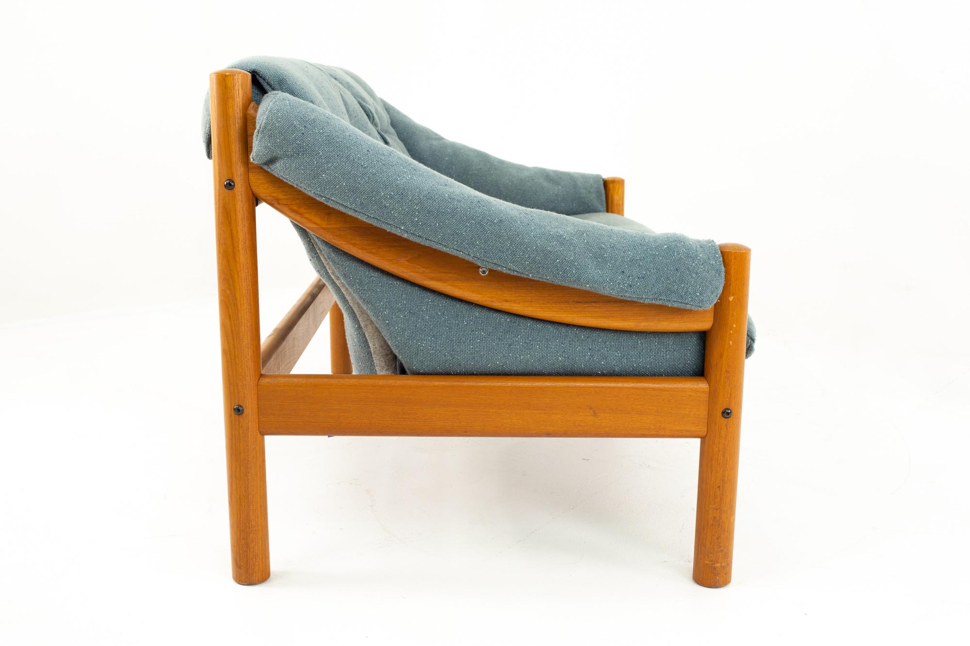 Late 20th Century Mid Century Modern Teak and Blue Upholstered Sofa