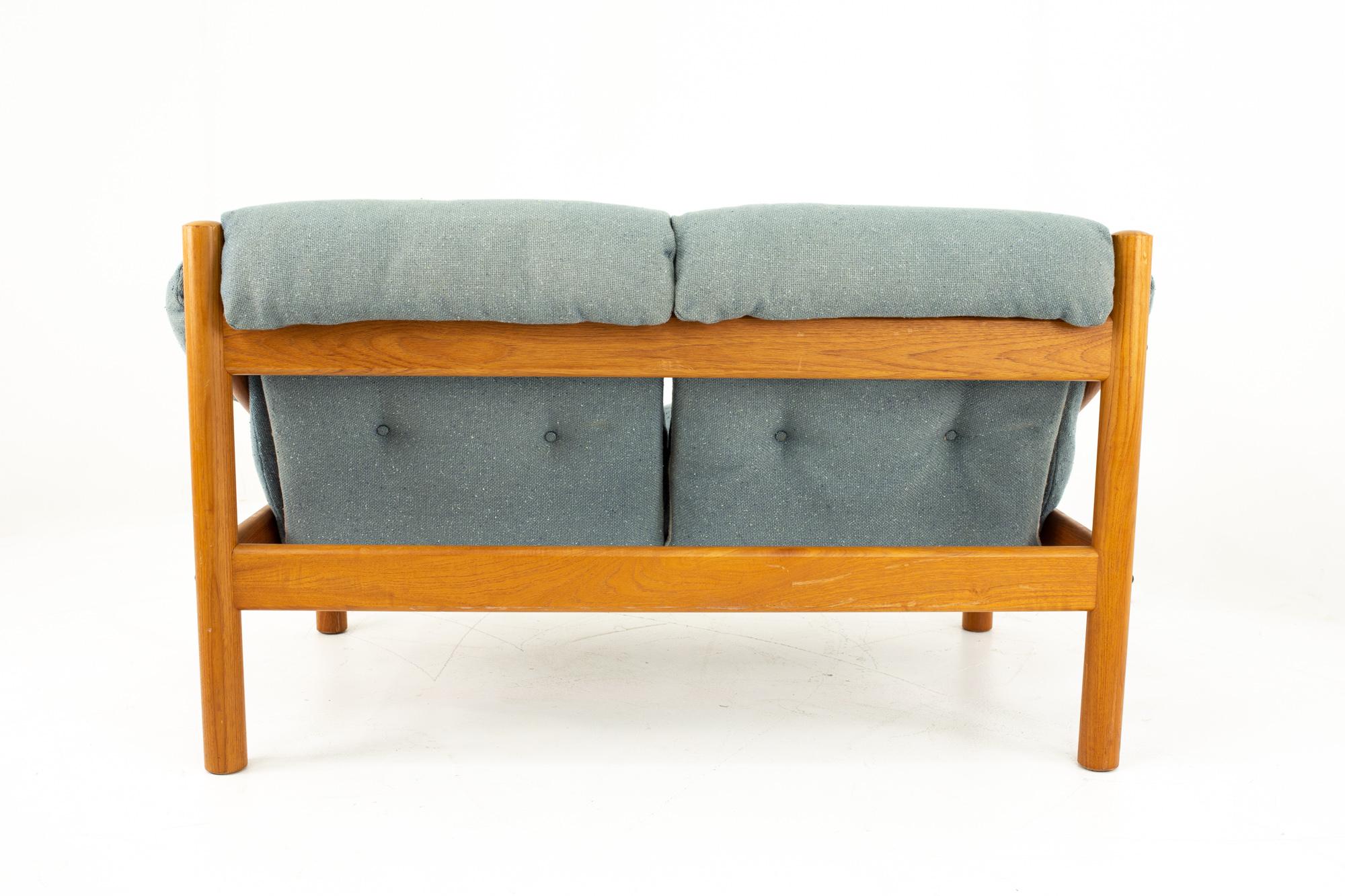 Upholstery Mid Century Modern Teak and Blue Upholstered Sofa