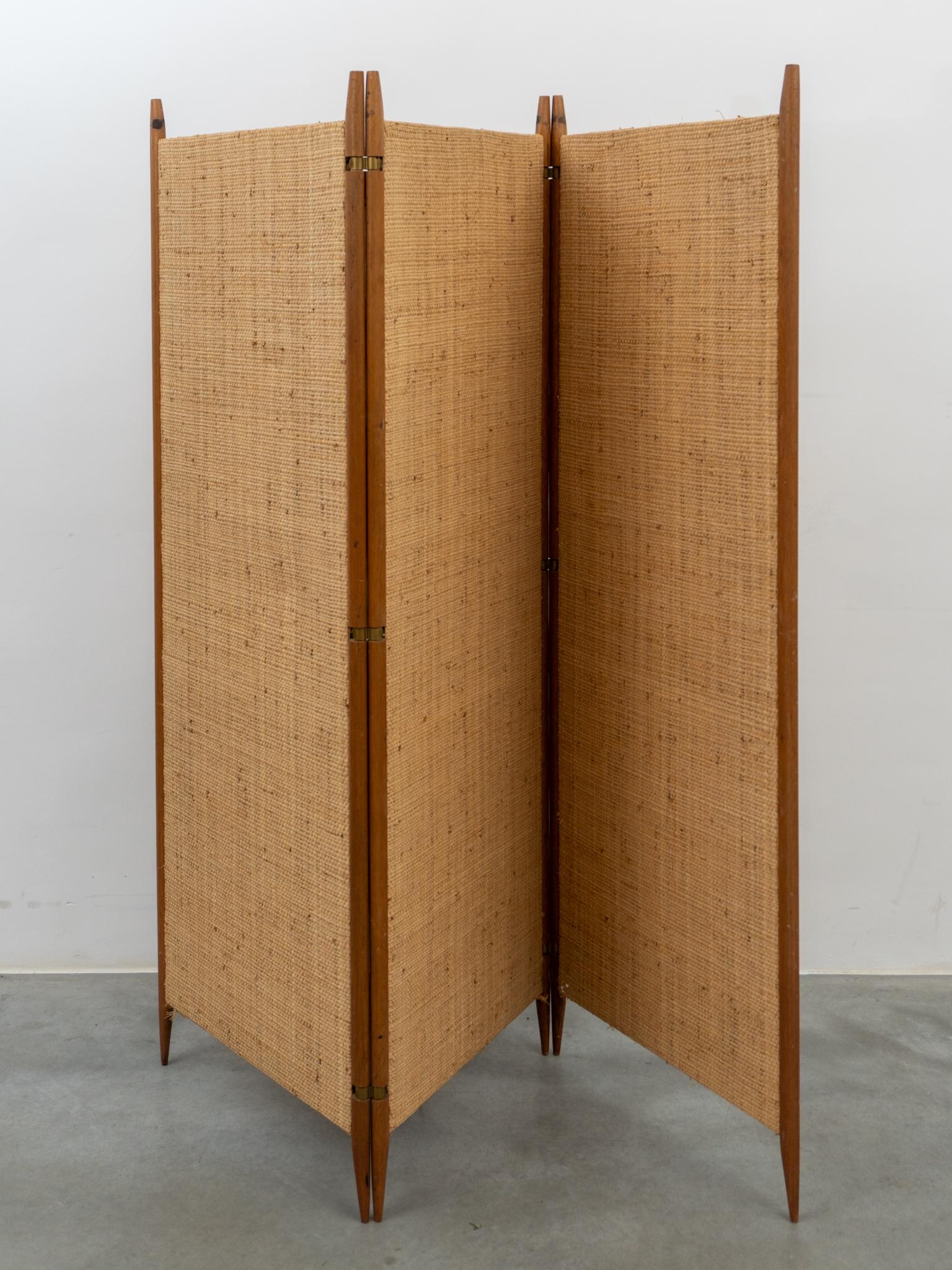 Rattan Mid-Century Modern Teak and Cane Three Panel Folding Screen, Denmark, 1960s