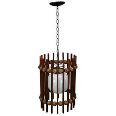 Mid-Century Modern Teak and Cork Ball and Slat Cylinder Pendant Light