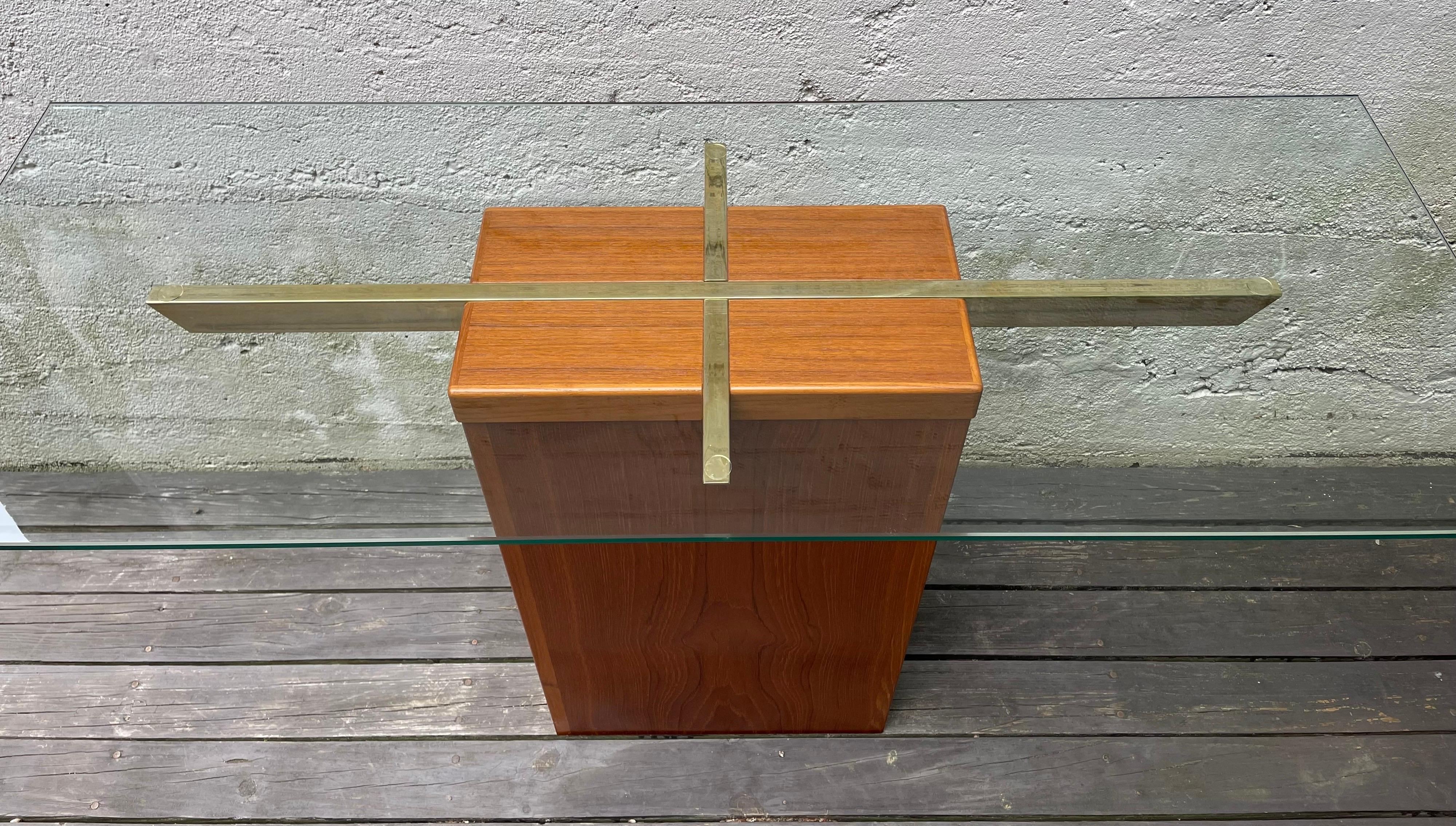 Brass Mid Century Modern Teak and Glass Foyer or Console Table by Trioh Mobler Denmark