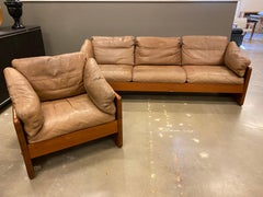 Mid-Century Modern Teak and Leather Sofa and Chair Set, 1970s