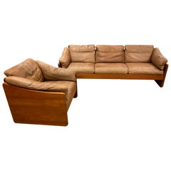 Mid-Century Modern Teak and Leather Sofa and Chair Set, 1970s