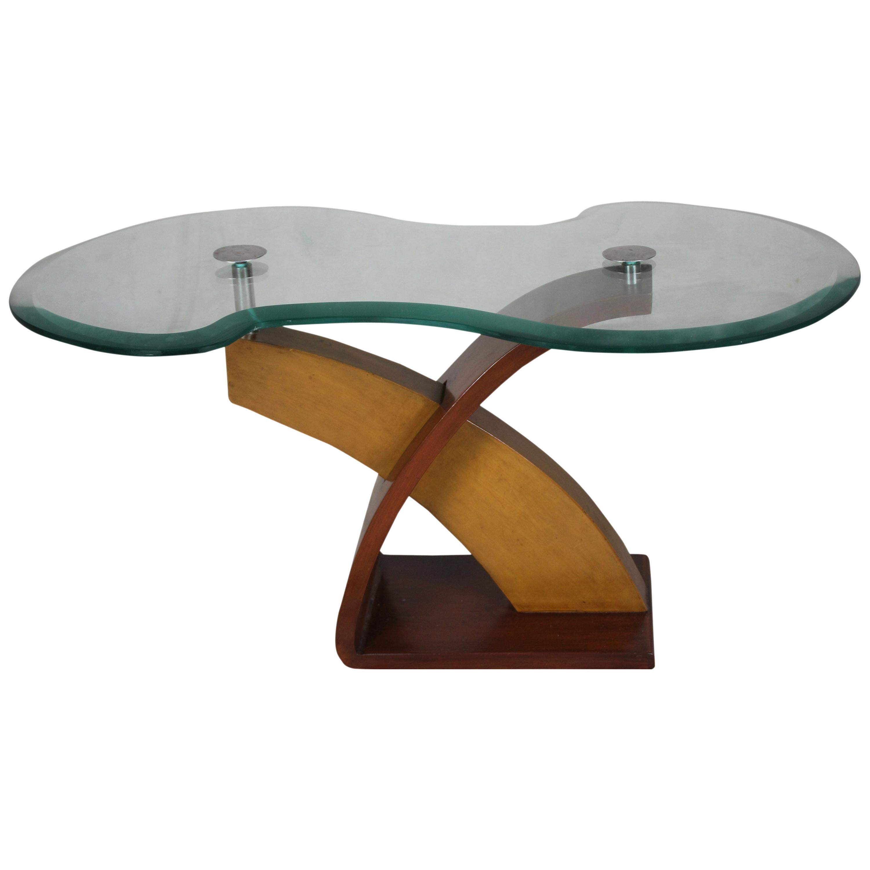 Mid-Century Modern Teak and Mahogany Side or Coffee Table with Beveled Glass
