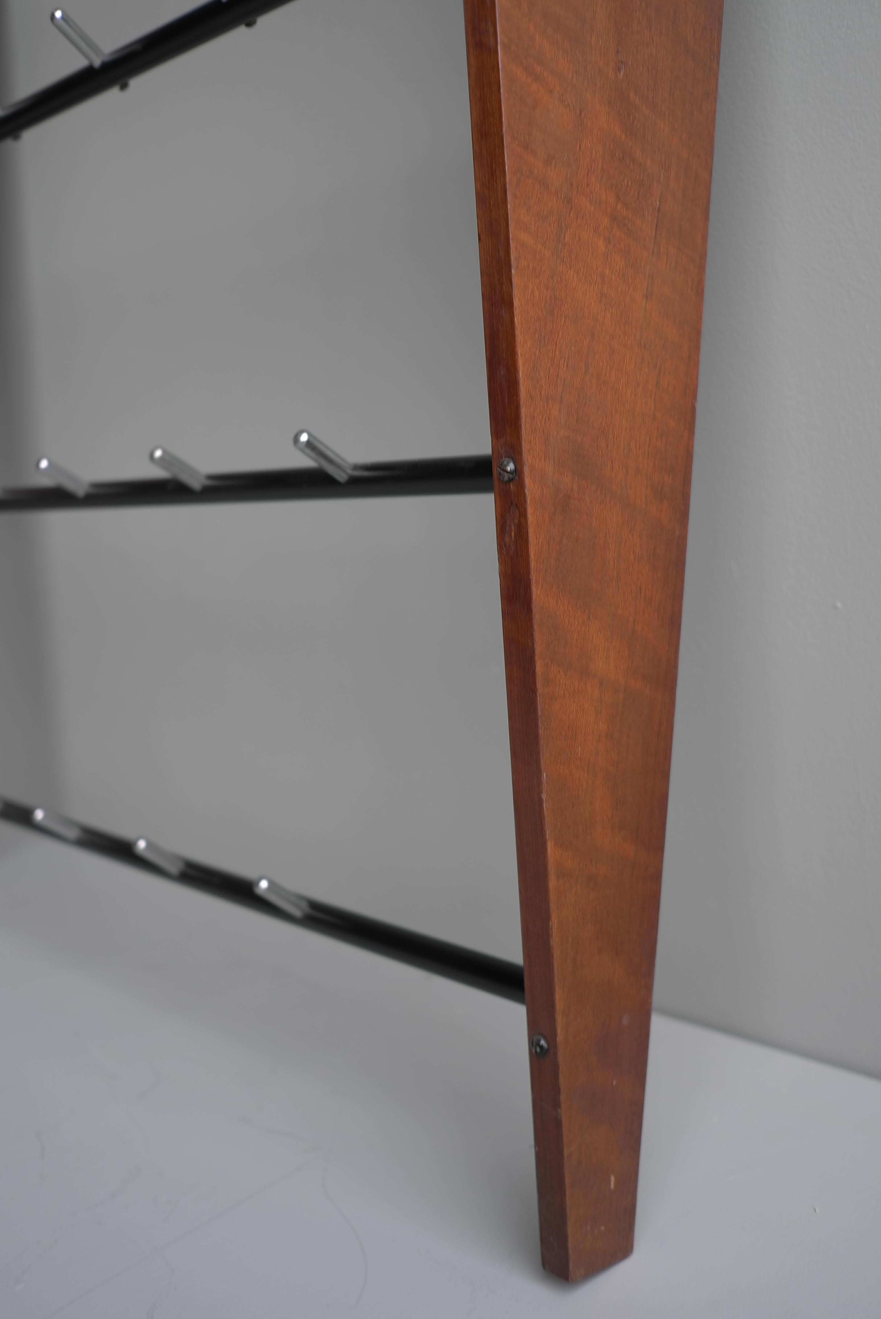 French Mid-Century Modern Teak and Metal Wall Coat Rack, France, 1960s For Sale