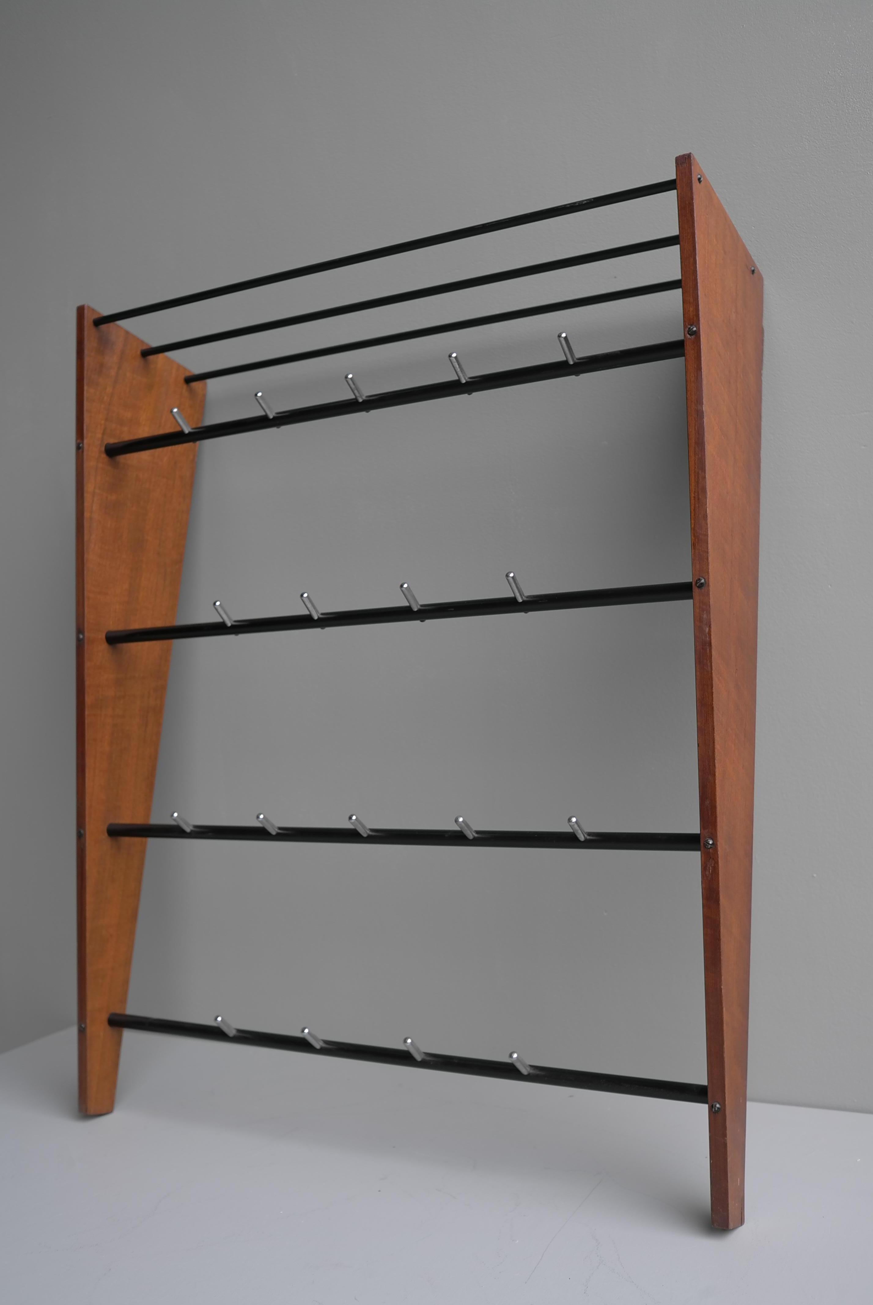 Mid-20th Century Mid-Century Modern Teak and Metal Wall Coat Rack, France, 1960s For Sale