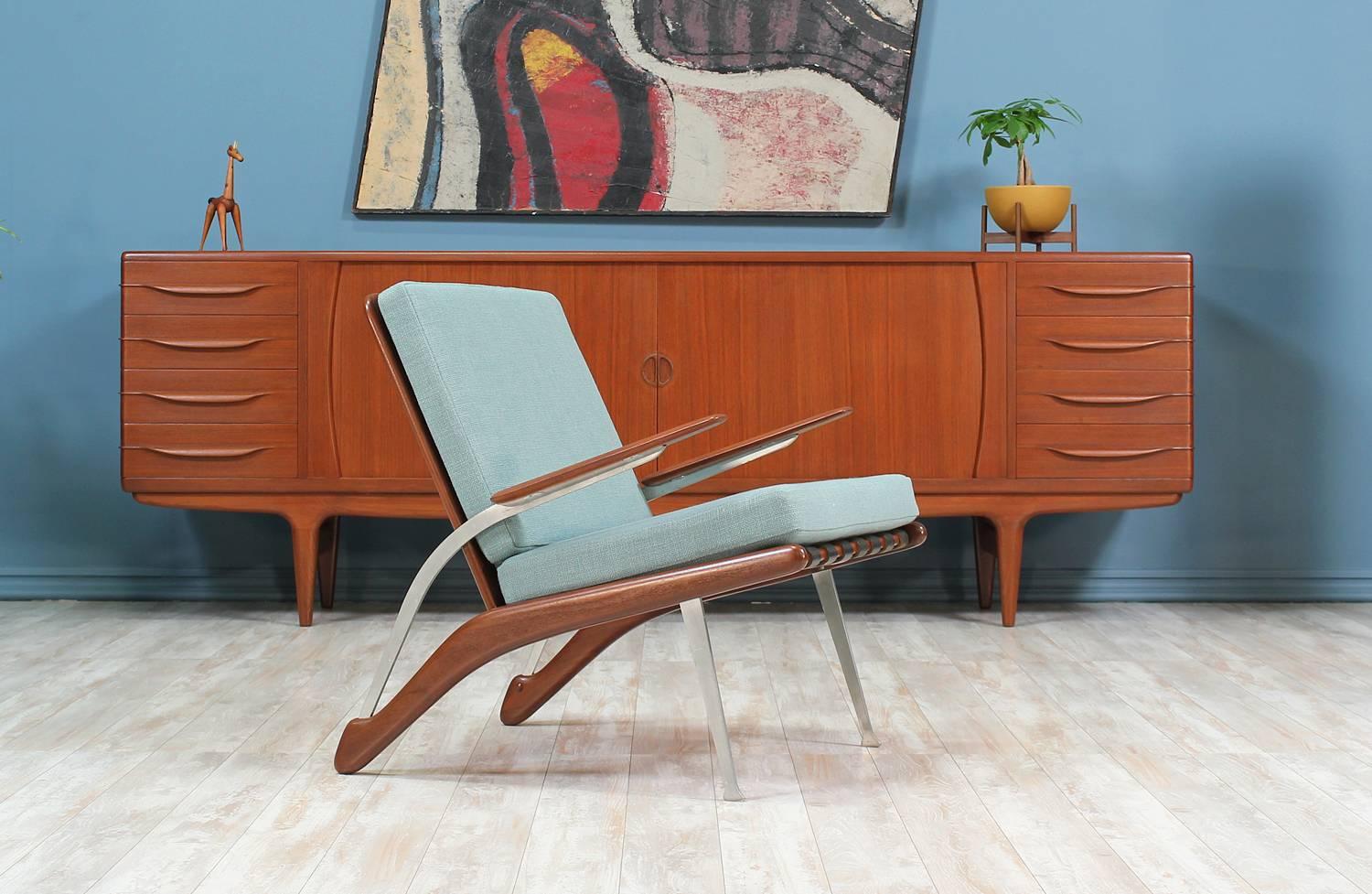 Fabric Mid-Century Modern Teak and Steel Lounge Chairs