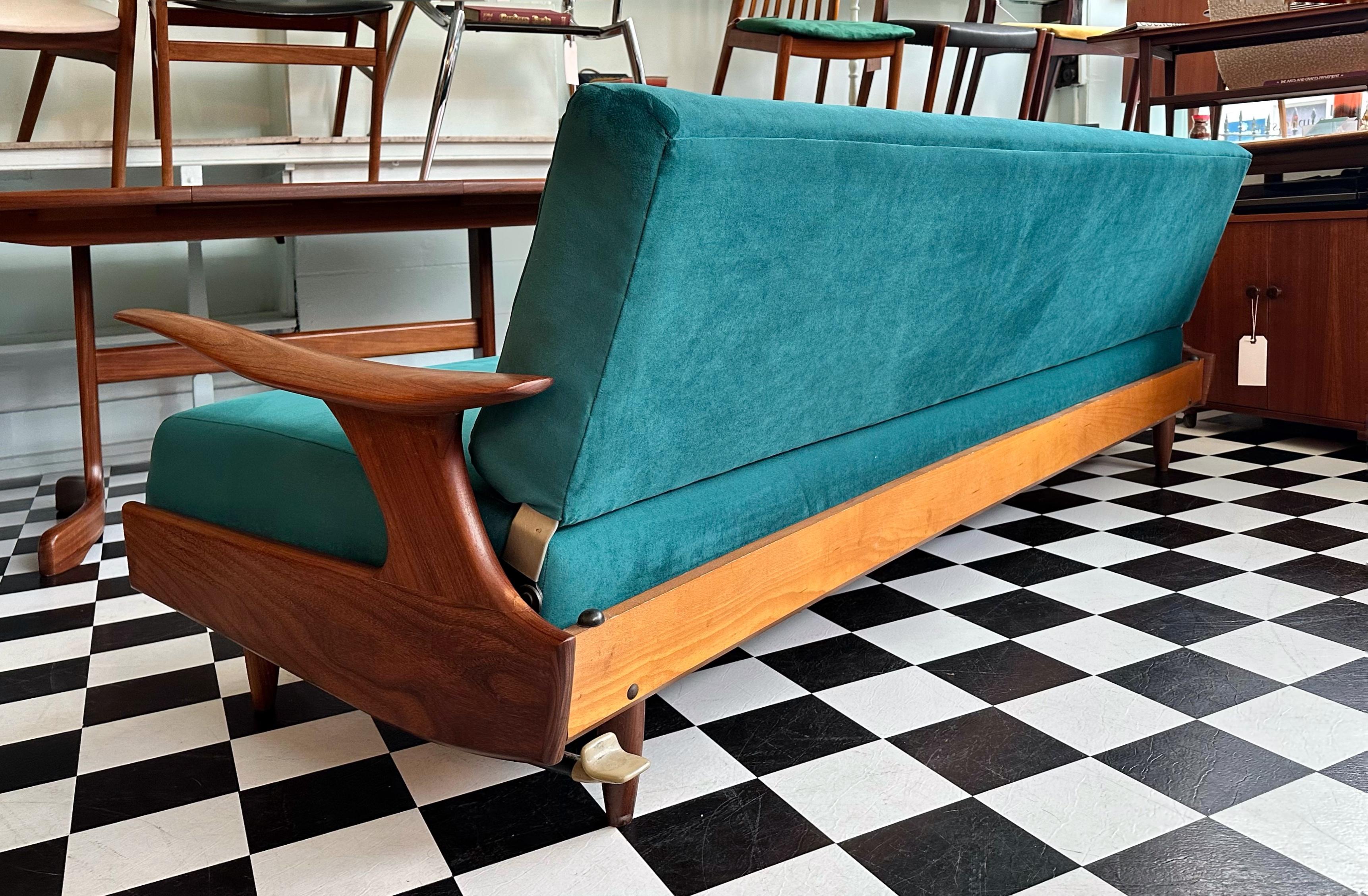 Mid Century Modern Teak and Velvet Sofa Bed by Greaves and Thomas In Good Condition In London, GB