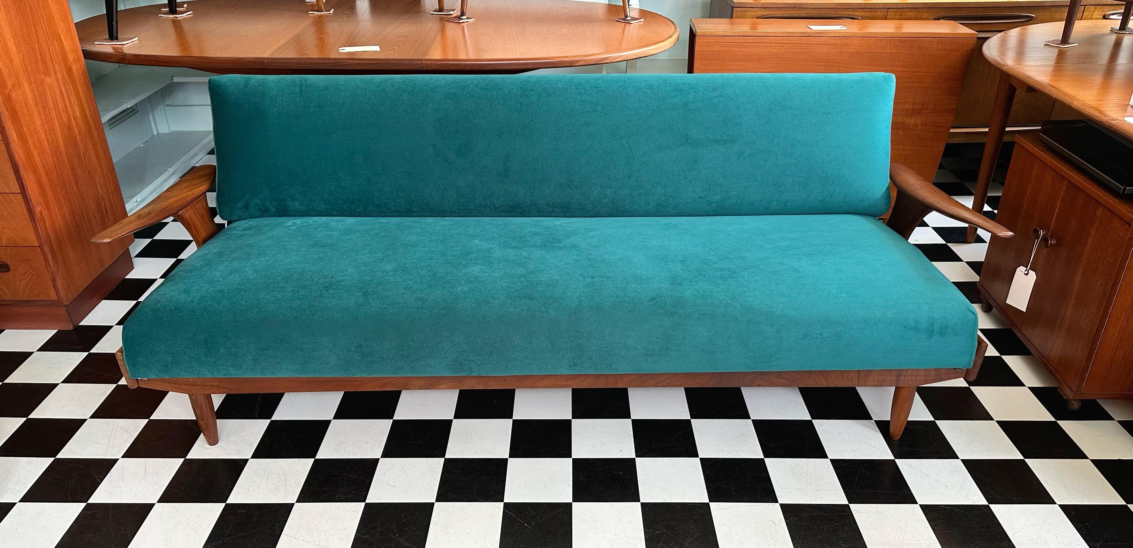 20th Century Mid Century Modern Teak and Velvet Sofa Bed by Greaves and Thomas
