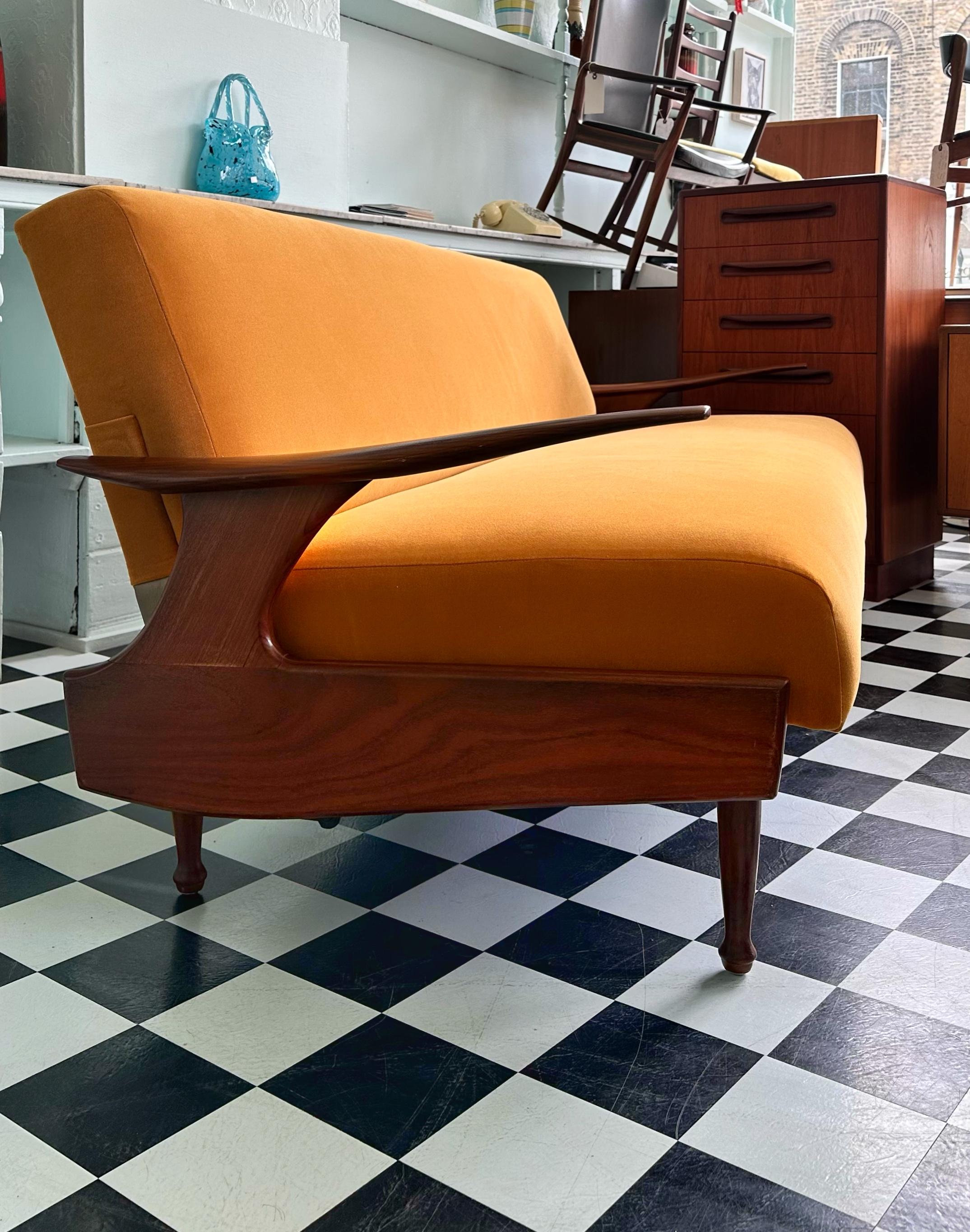 British Mid Century Modern Teak and Velvet Sofa Bed by Greaves and Thomas