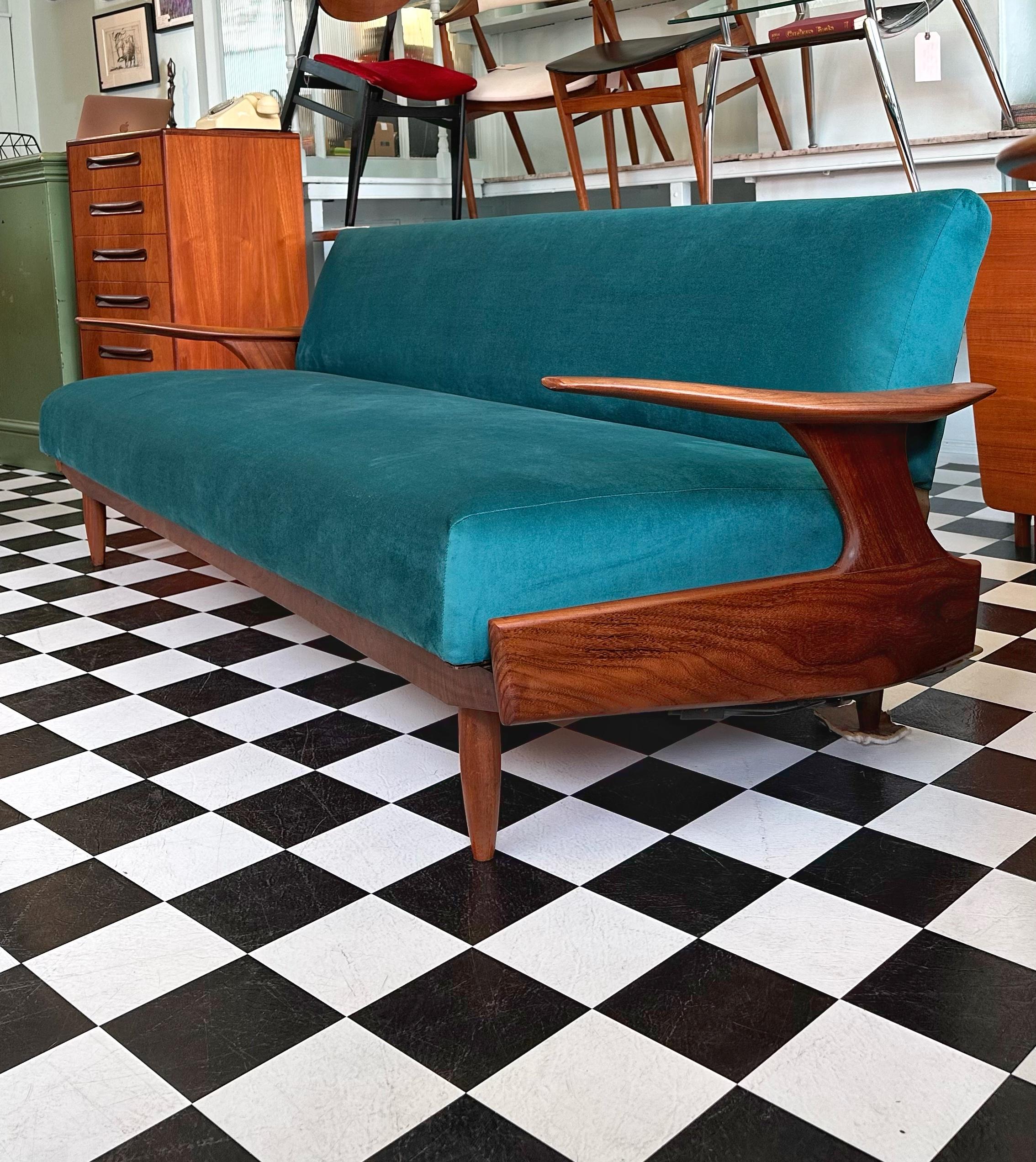 Mid Century Modern Teak and Velvet Sofa Bed by Greaves and Thomas 1