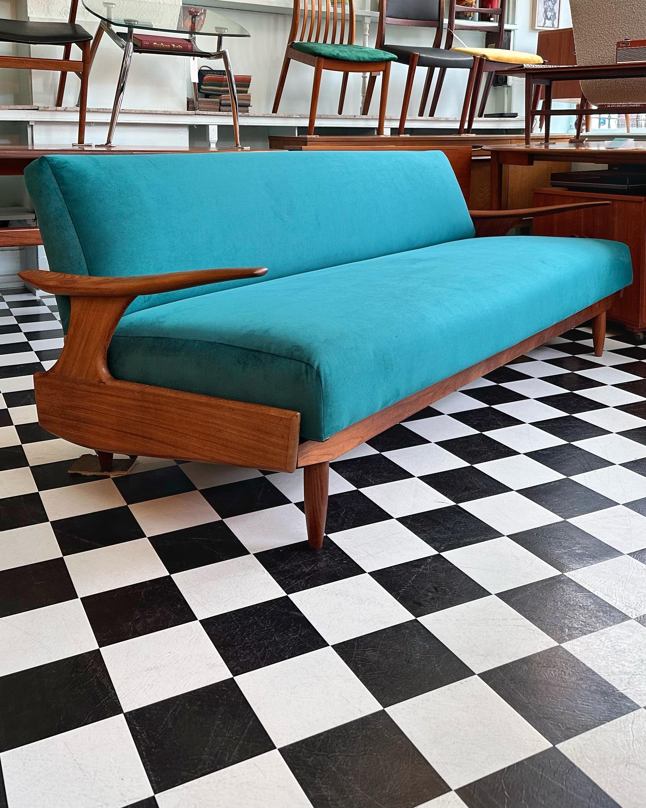 Mid Century Modern Teak and Velvet Sofa Bed by Greaves and Thomas 2