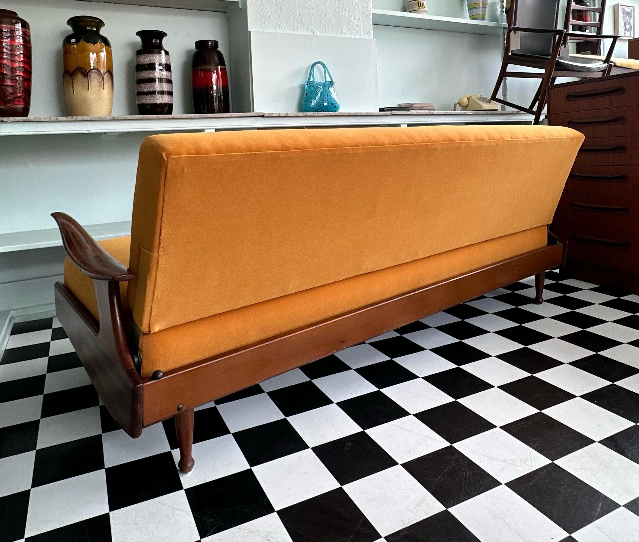 Mid Century Modern Teak and Velvet Sofa Bed by Greaves and Thomas 3
