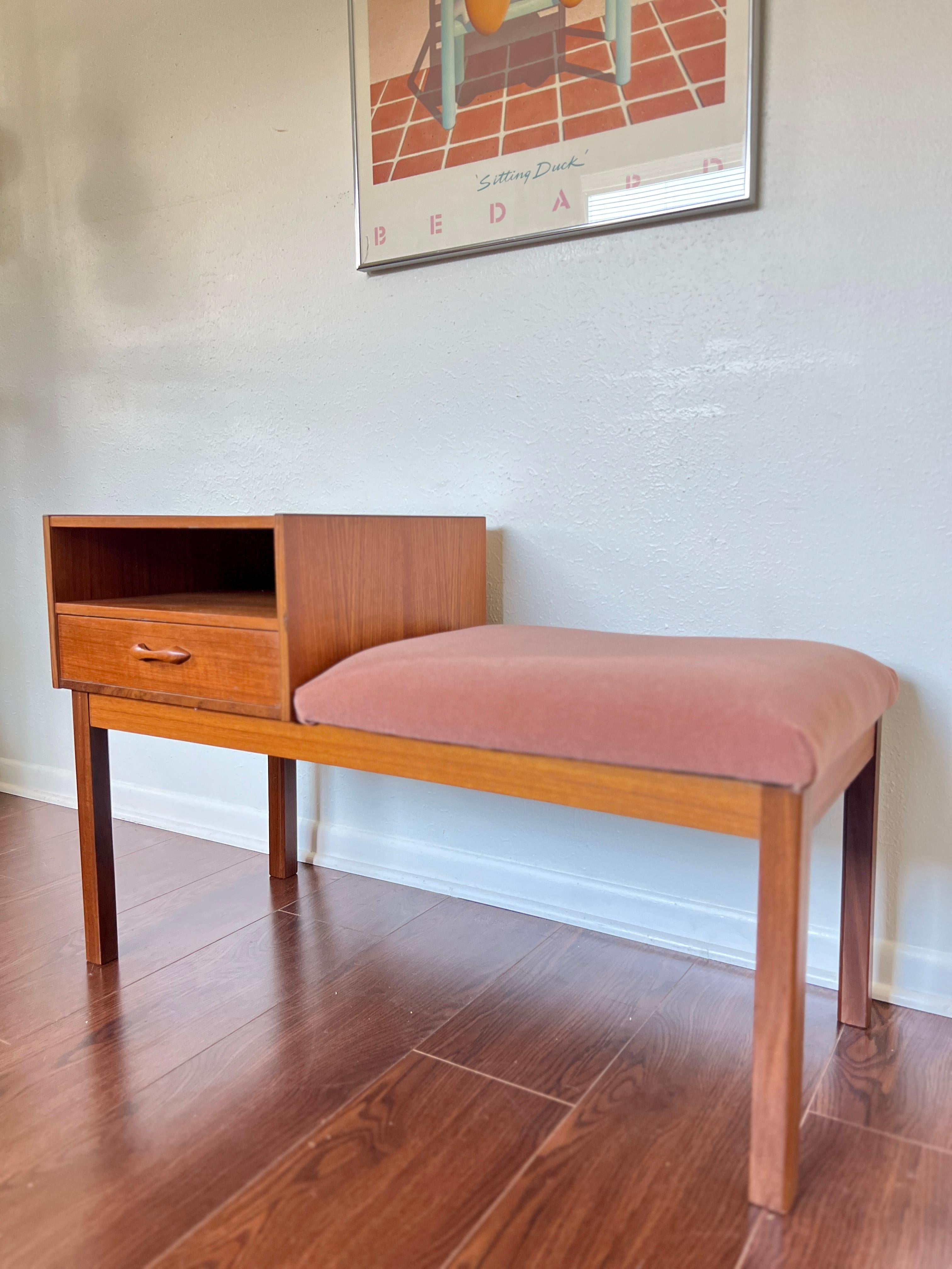 Mid-Century Modern Teak and Velvet Telephone Bench, circa 1960s In Good Condition In Houston, TX