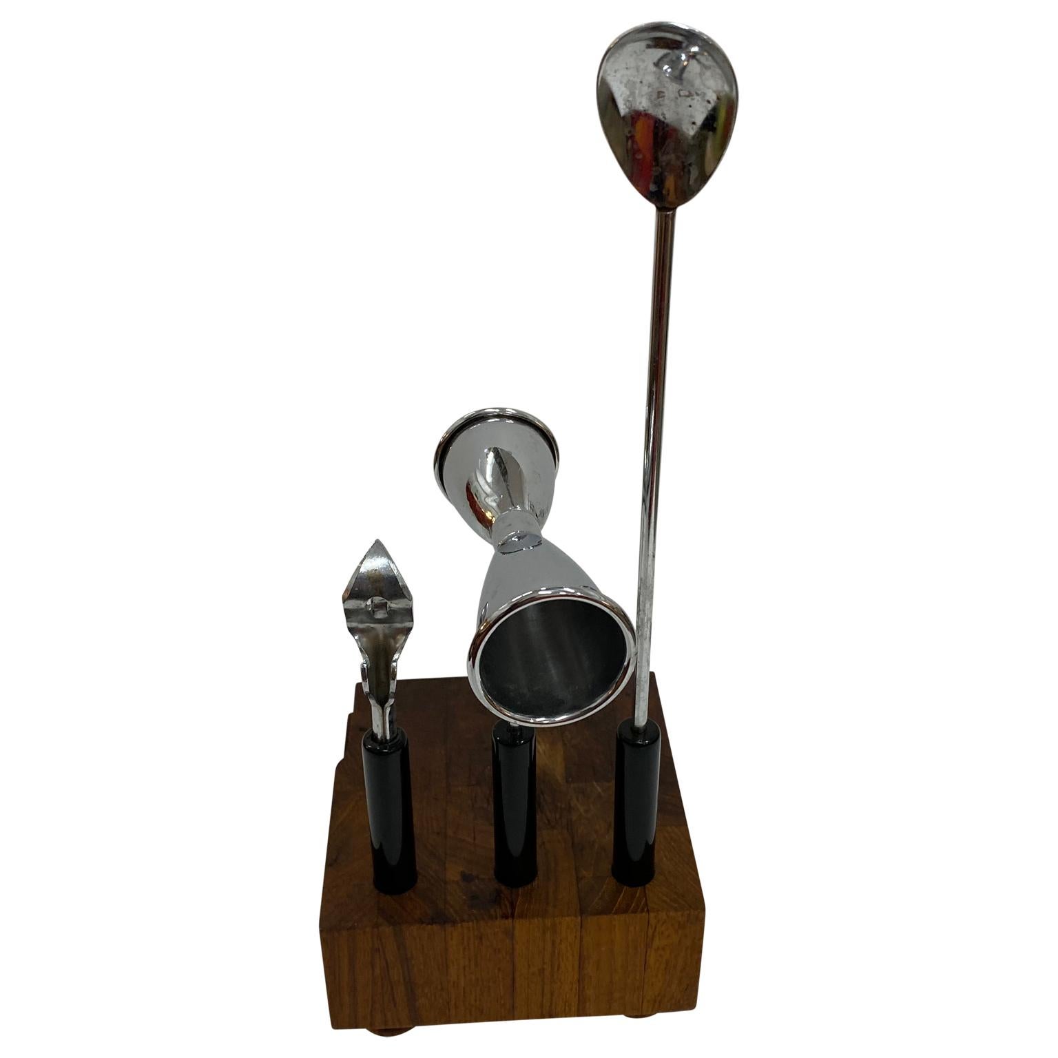 Hong Kong Mid-Century Modern Teak and Steel Cocktail Mixing Set, Signed by Ernest Sohn