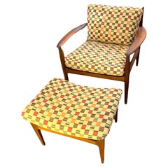 Mid-Century Modern Teak Arm Chair Model 128 and Stool Model 14, France and Son