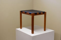 Taburete moderno de mediados de siglo de teca y cuero negro de Troed Nilsson para Glasmäster