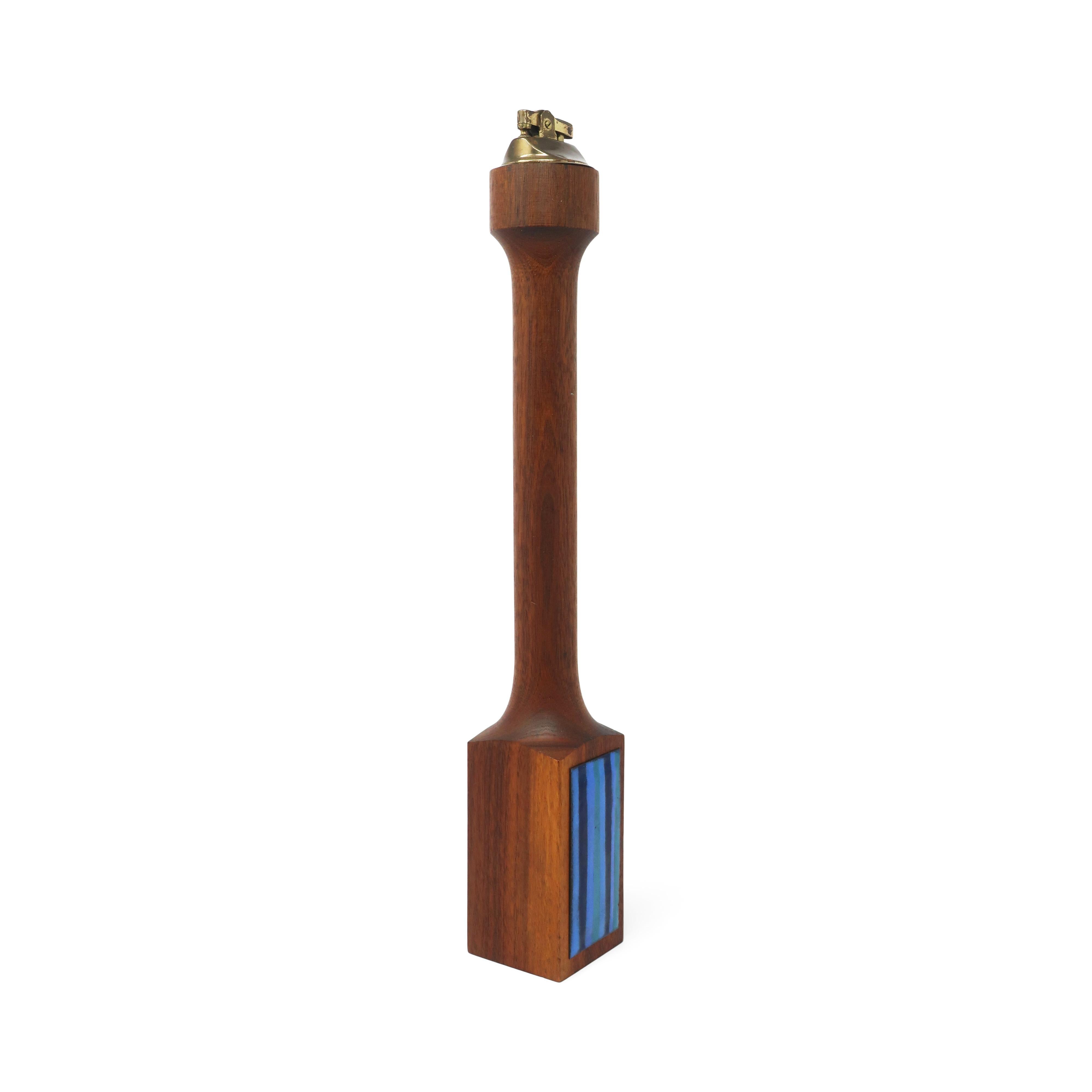 Scandinavian Modern Mid-Century Modern Teak & Blue Enameled Metal Table Lighter For Sale