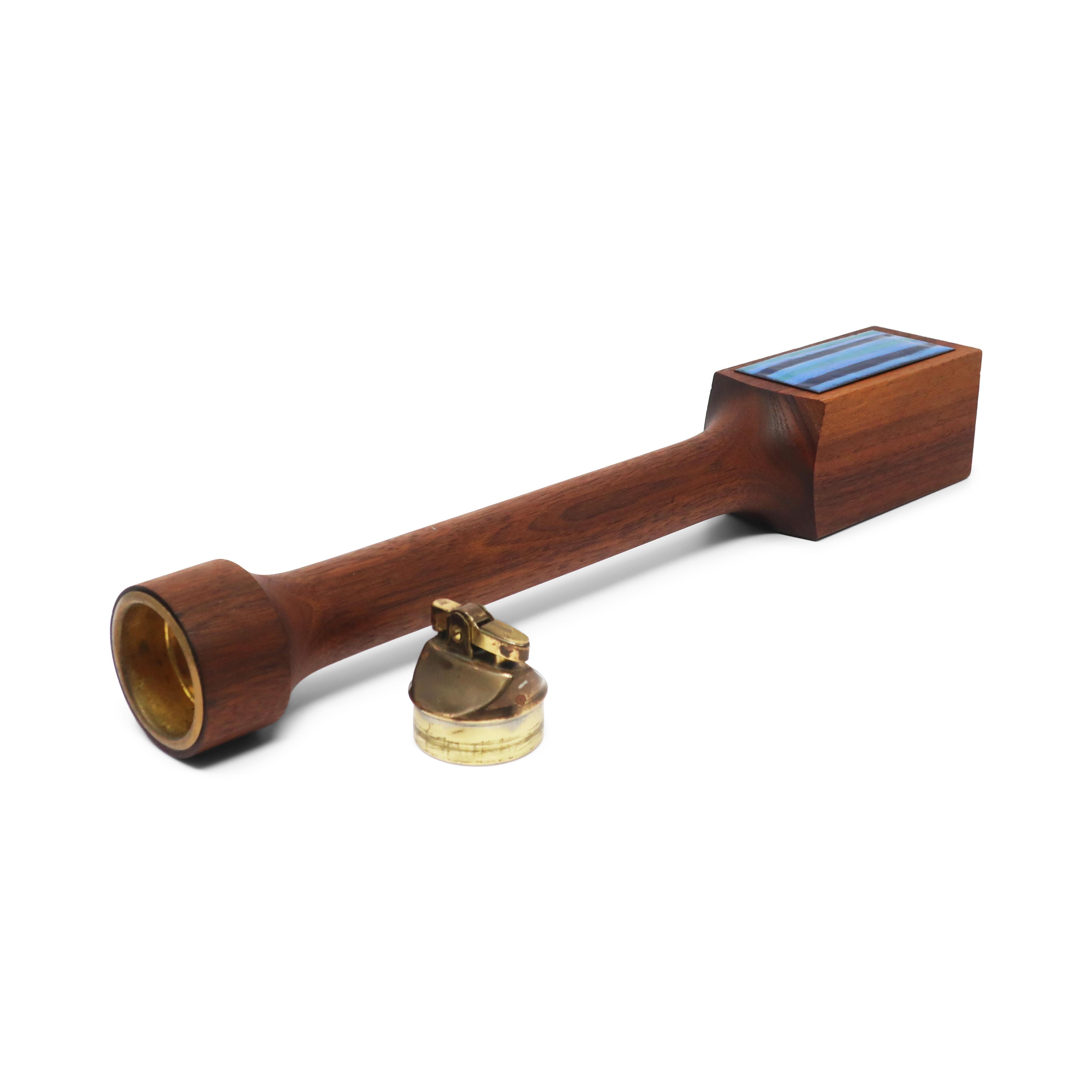 Mid-Century Modern Teak & Blue Enameled Metal Table Lighter For Sale 2